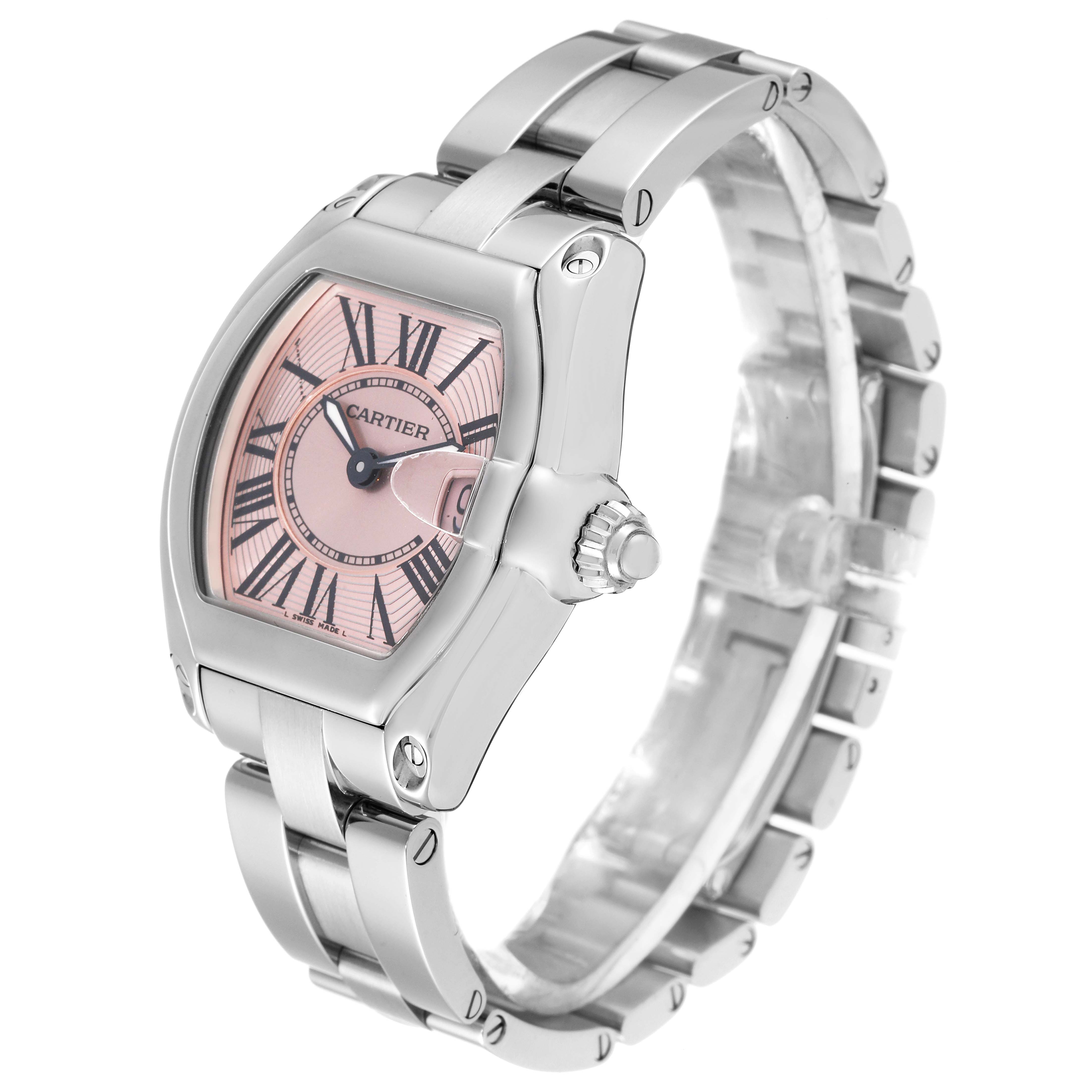 This image shows a Cartier Roadster W62017V3 Women's Stainless Steel Pink Dial W62017V3 Women's Stainless Steel Pink Dial watch from a front-side angle, displaying the dial, bezel, crown, and part of the bracelet.