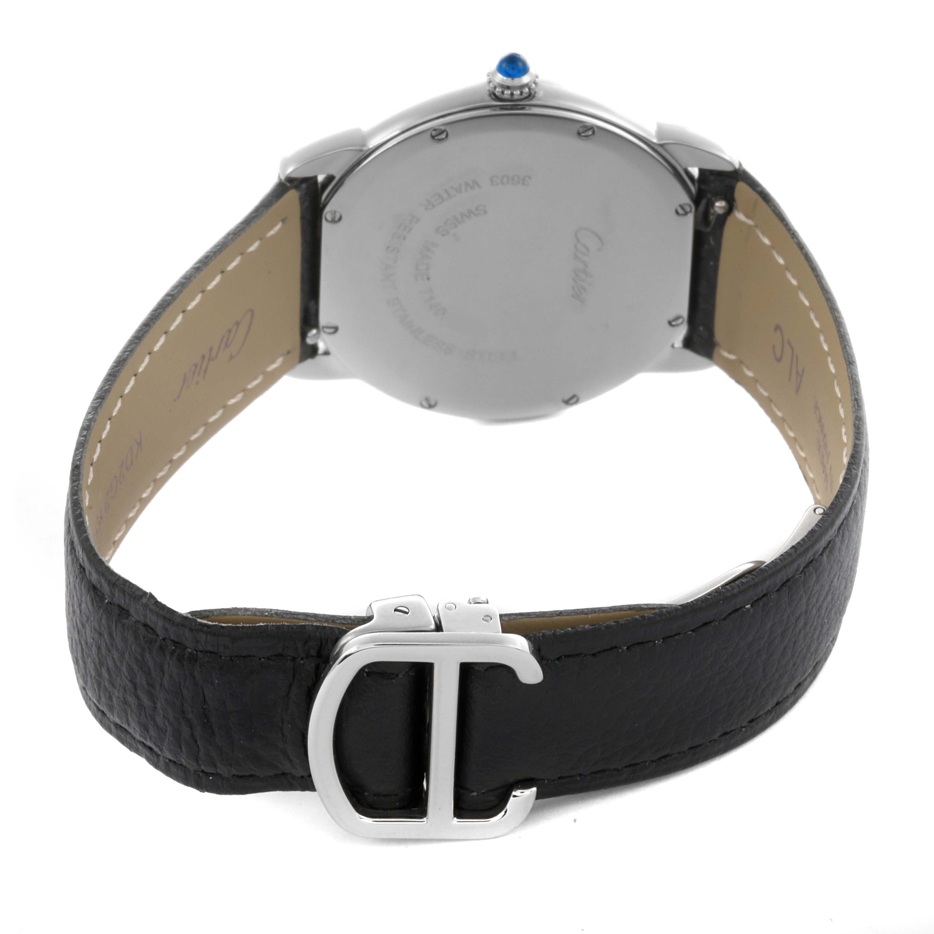 The image shows the Cartier Ronde W6700255 Men's Stainless Steel Silver Dial W6700255 Men's Stainless Steel Silver Dial watch from the back, highlighting the case back, strap, and buckle with a focus on the blue crown.