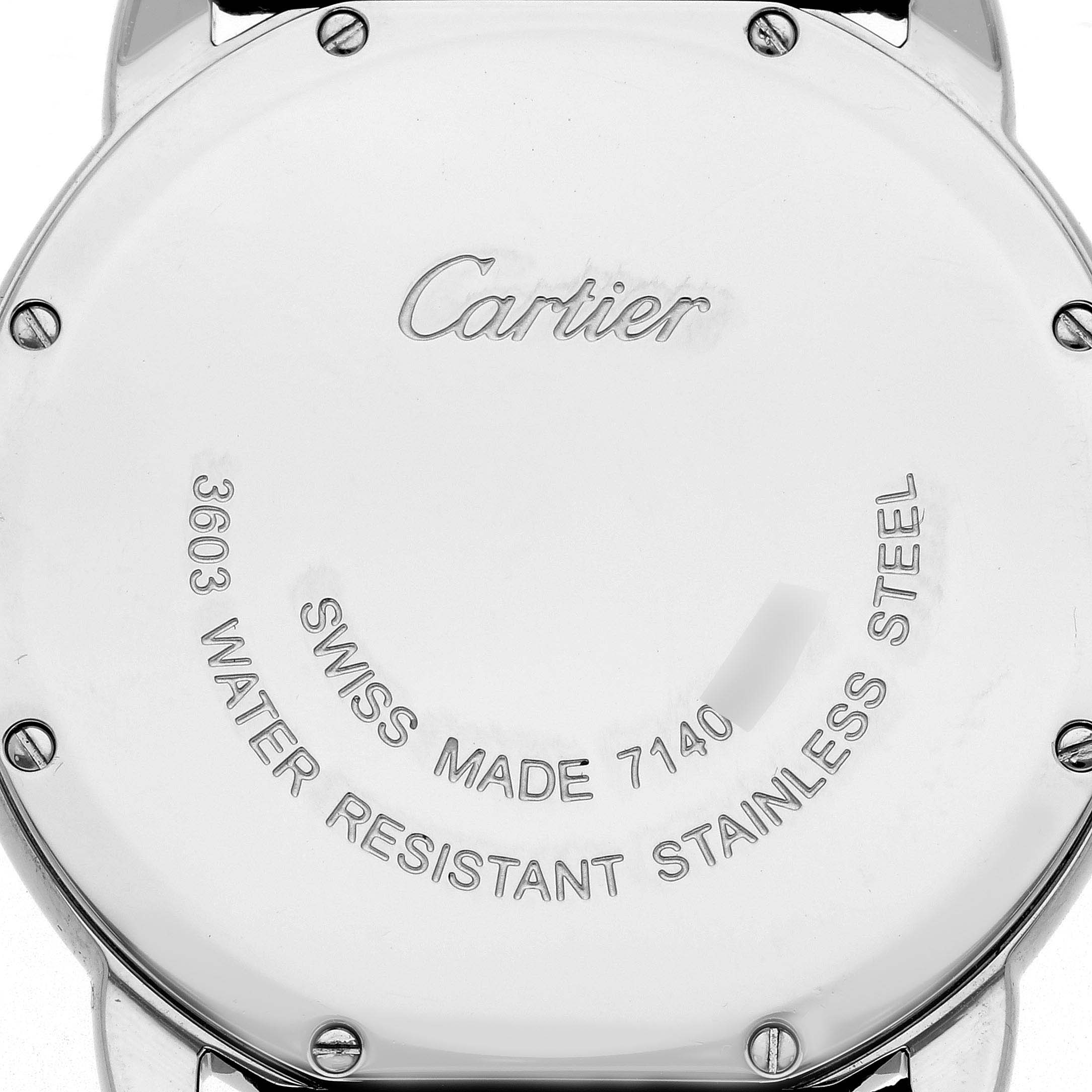 The image shows the back of a Cartier Ronde W6700255 Men's Stainless Steel Silver Dial W6700255 Men's Stainless Steel Silver Dial watch, highlighting the brand name and specifications.