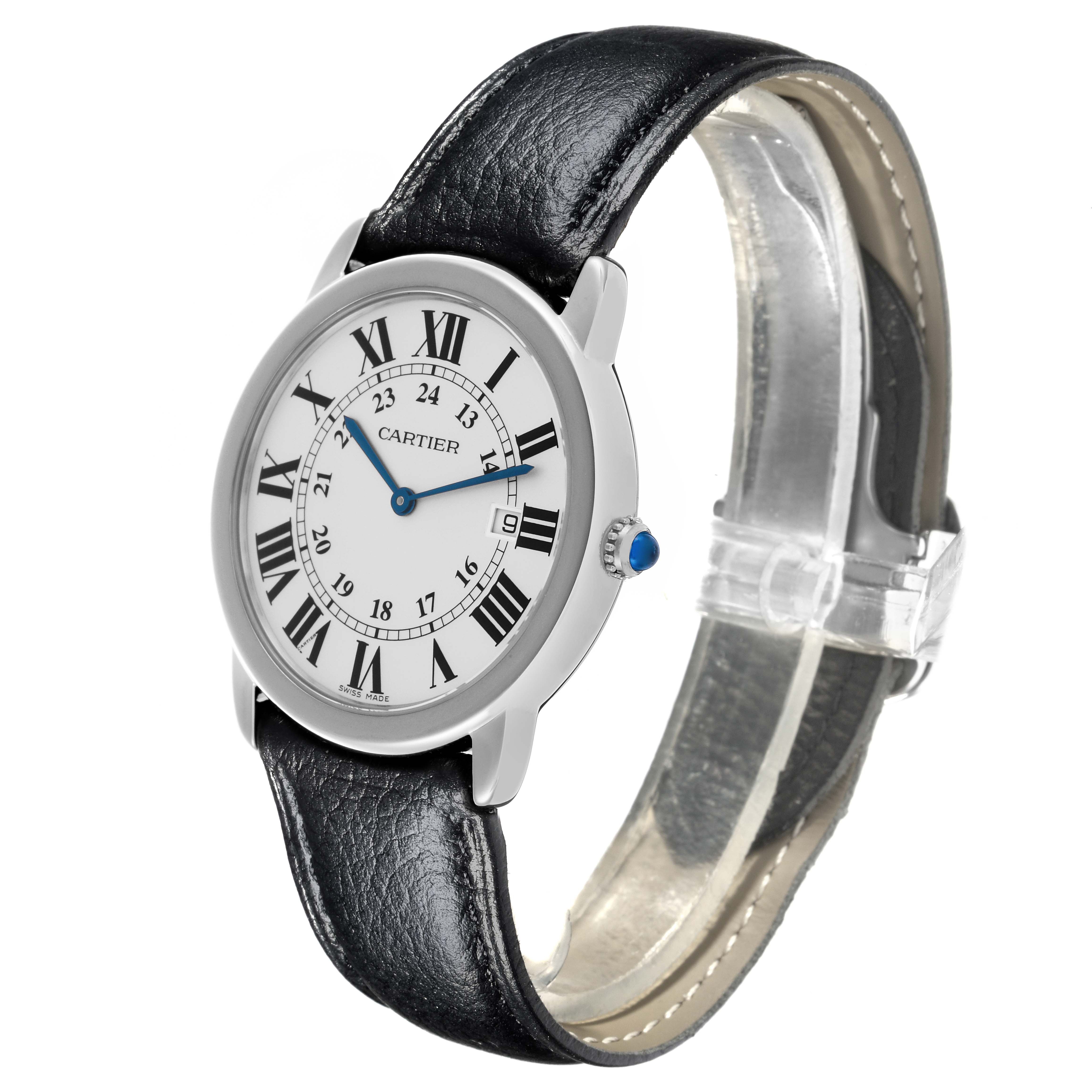 The Cartier Ronde W6700255 Men's Stainless Steel Silver Dial W6700255 Men's Stainless Steel Silver Dial watch is shown at an angled side view, highlighting the face, crown, and black leather strap.