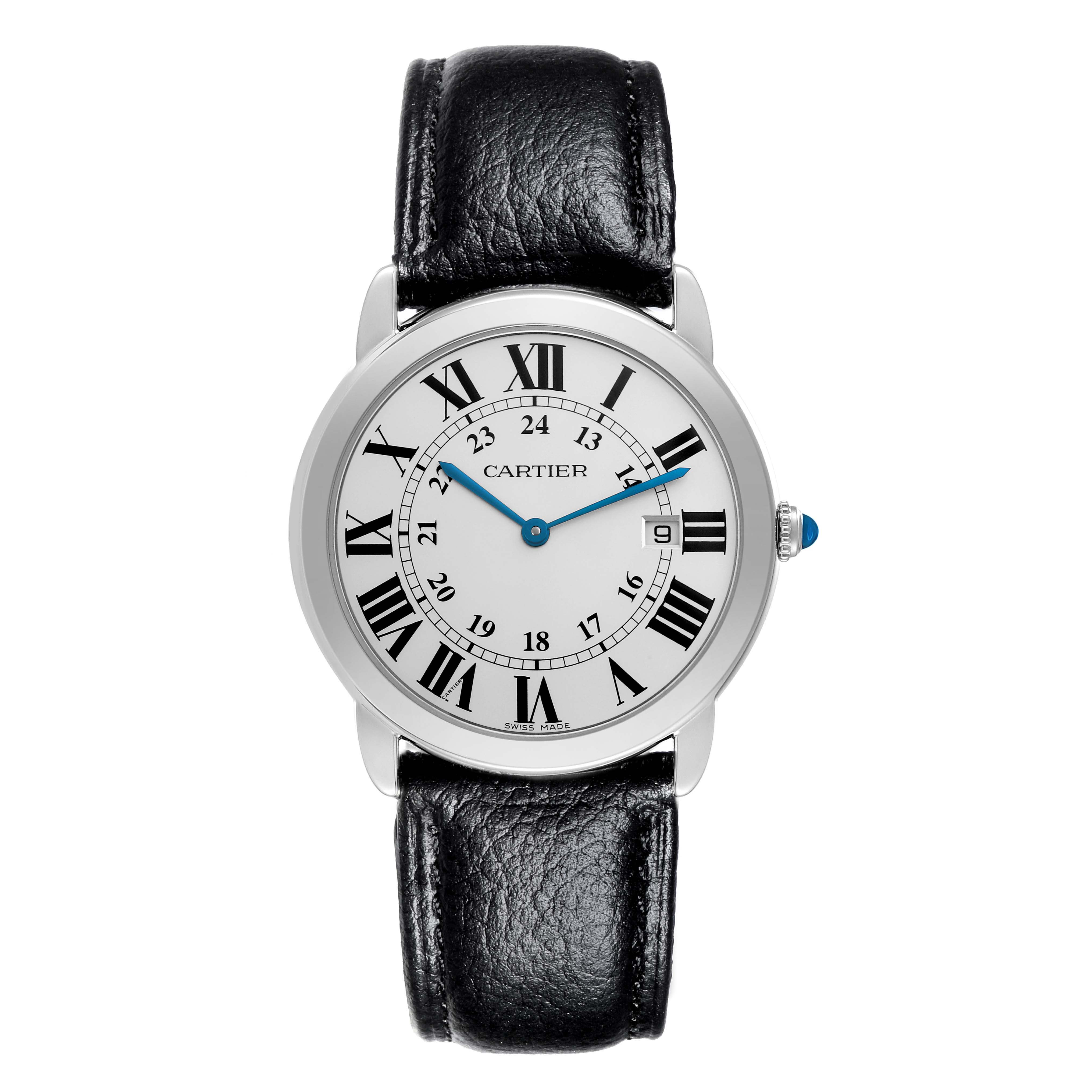 The Cartier Ronde W6700255 Men's Stainless Steel Silver Dial W6700255 Men's Stainless Steel Silver Dial watch is shown from a top-down angle, displaying its Roman numeral dial, blue hands, and black leather strap.