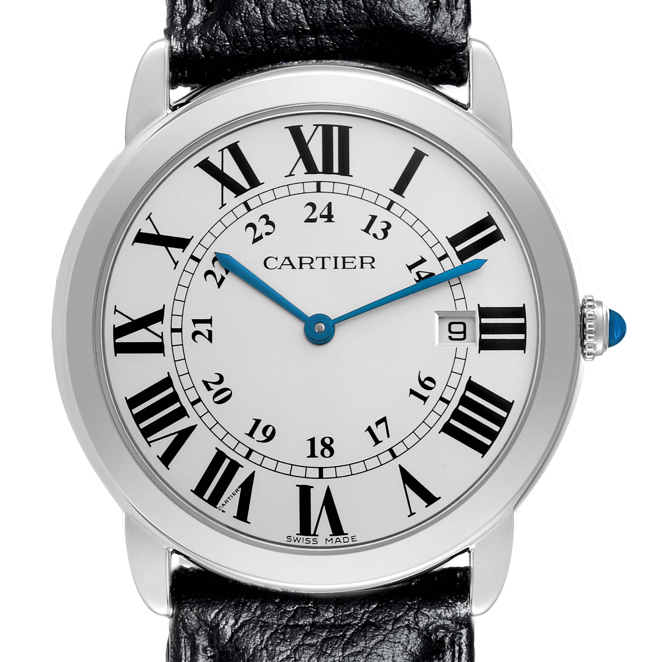 The Cartier Ronde W6700255 Men's Stainless Steel Silver Dial W6700255 Men's Stainless Steel Silver Dial watch is shown from a frontal angle, highlighting the dial, Roman numerals, blue hands, and leather strap.