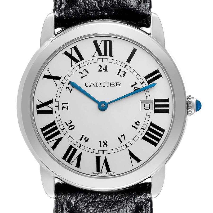 The Cartier Ronde watch is shown from a frontal angle, highlighting the dial, Roman numerals, blue hands, and leather strap.