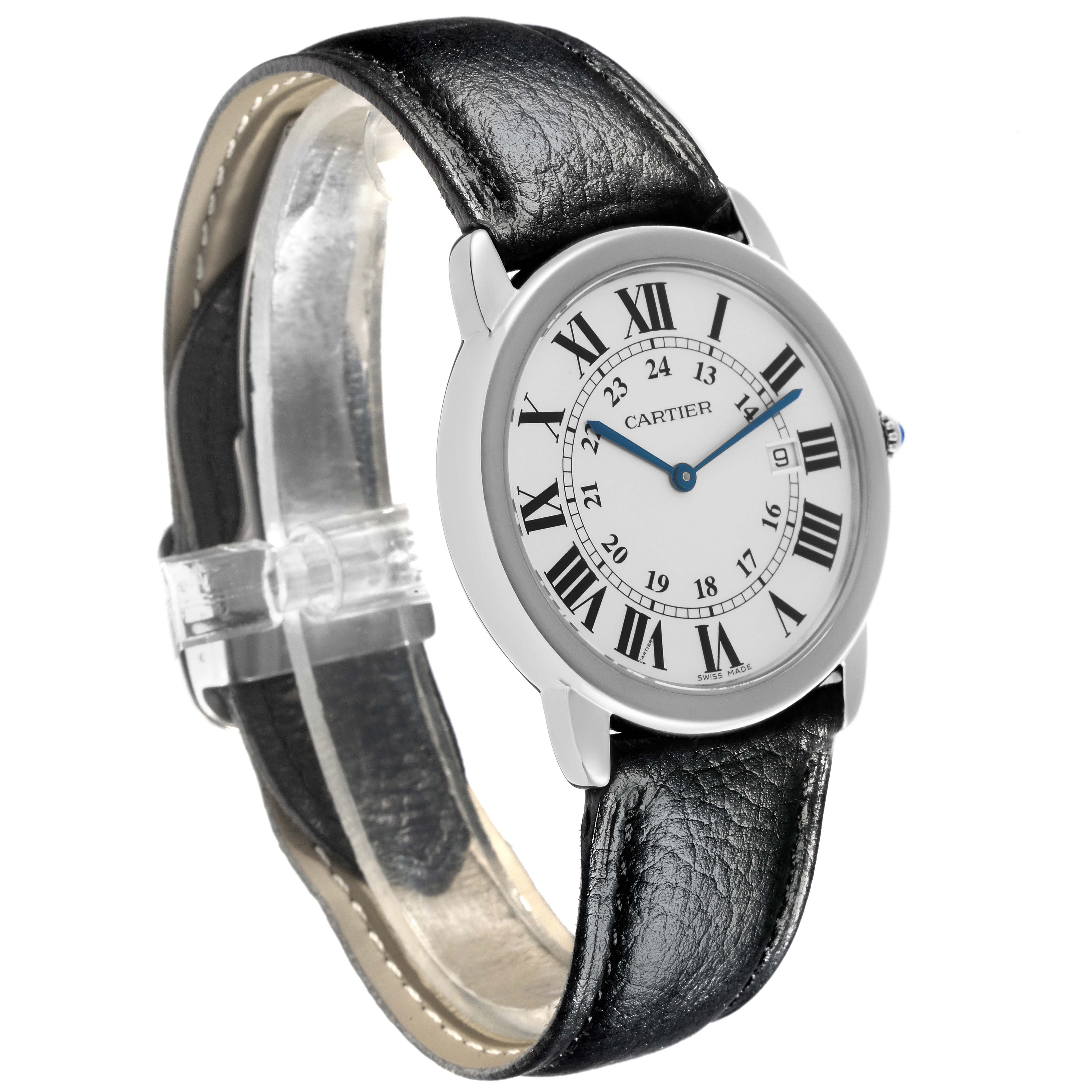 The Cartier Ronde W6700255 Men's Stainless Steel Silver Dial W6700255 Men's Stainless Steel Silver Dial watch is shown at a slight angle, highlighting its face, black leather strap, and silver casing.