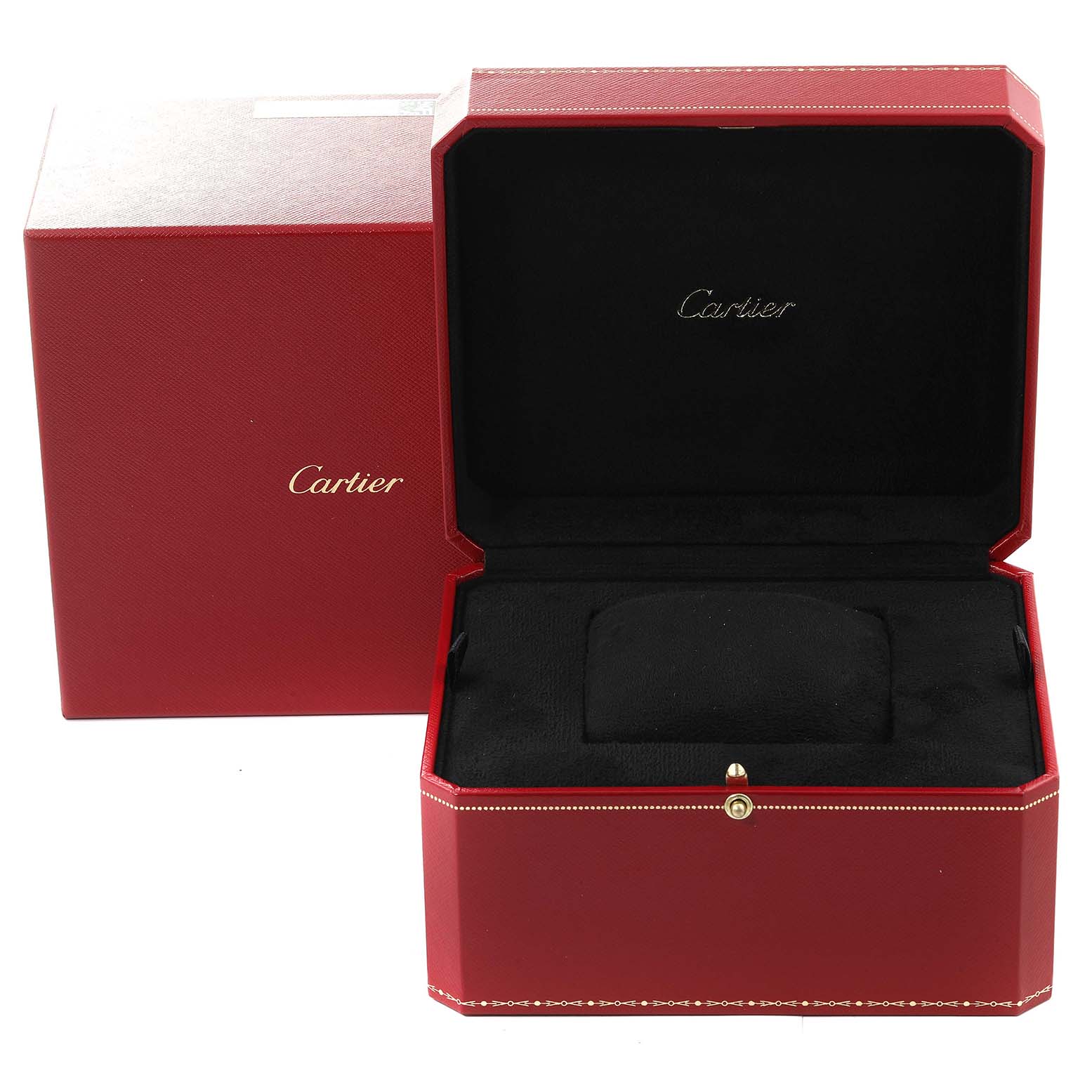 The image shows an open red Cartier box for a Rotonde model watch, revealing the cushioned interior.