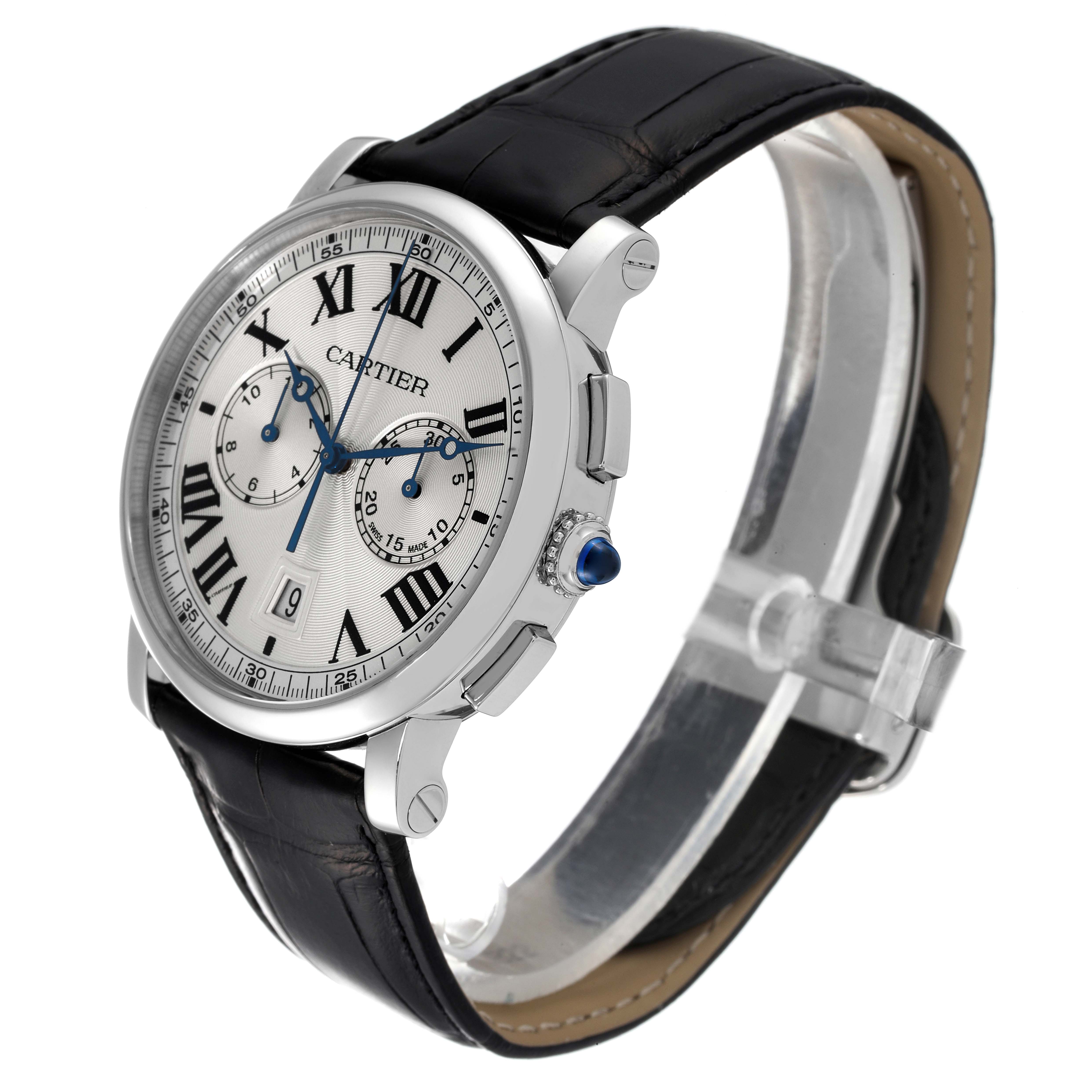 The image shows a side-angle view of the Cartier Rotonde WSRO0002 Men's Stainless Steel Silver Dial WSRO0002 Men's Stainless Steel Silver Dial watch, featuring its case, dial, crown, and black leather strap.
