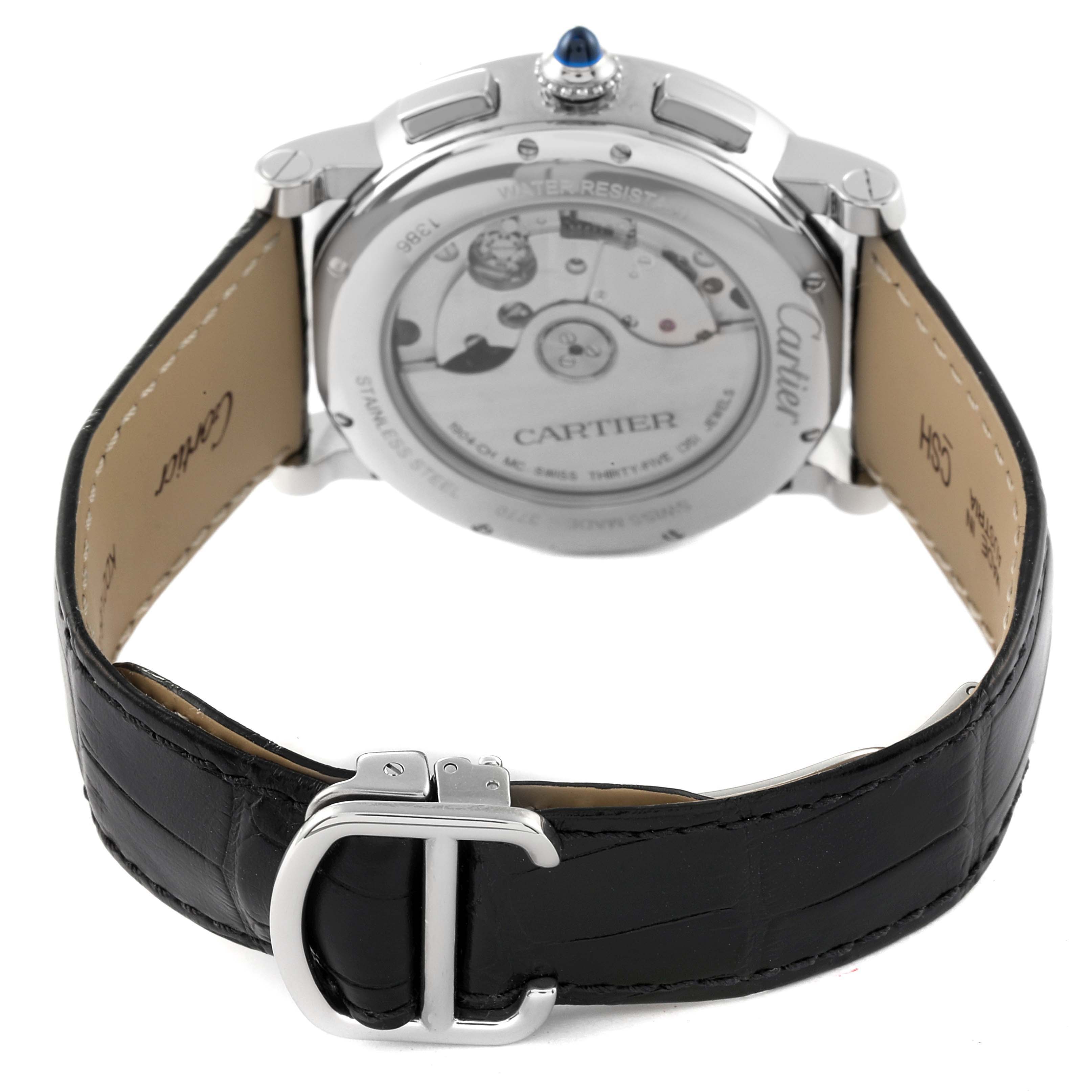 The image shows the back view of a Cartier Rotonde WSRO0002 Men's Stainless Steel Silver Dial WSRO0002 Men's Stainless Steel Silver Dial watch, highlighting the movement, case, and leather strap with a buckle.