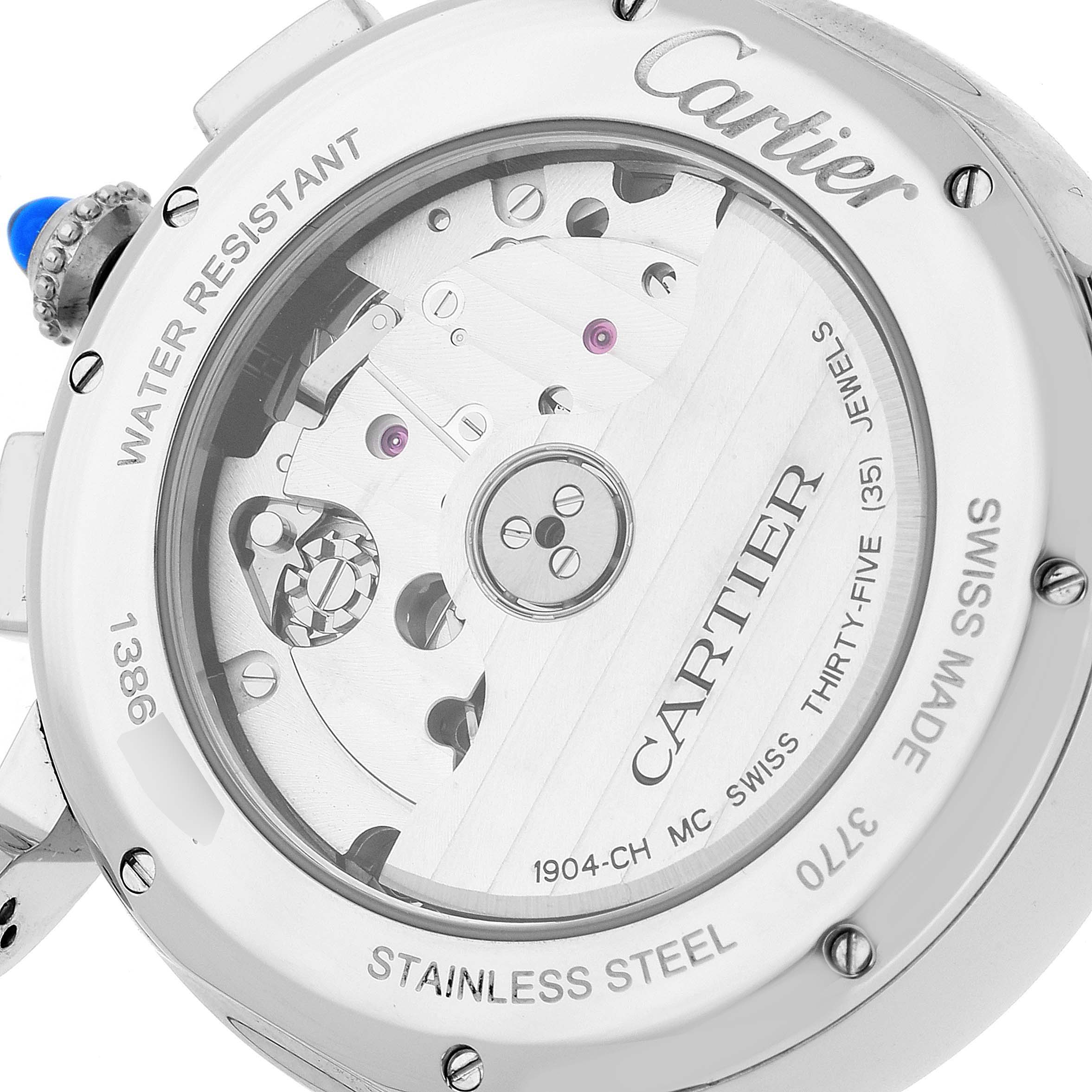 This image shows the back case and movement of the Cartier Rotonde WSRO0002 Men's Stainless Steel Silver Dial WSRO0002 Men's Stainless Steel Silver Dial watch at a close-up angle.