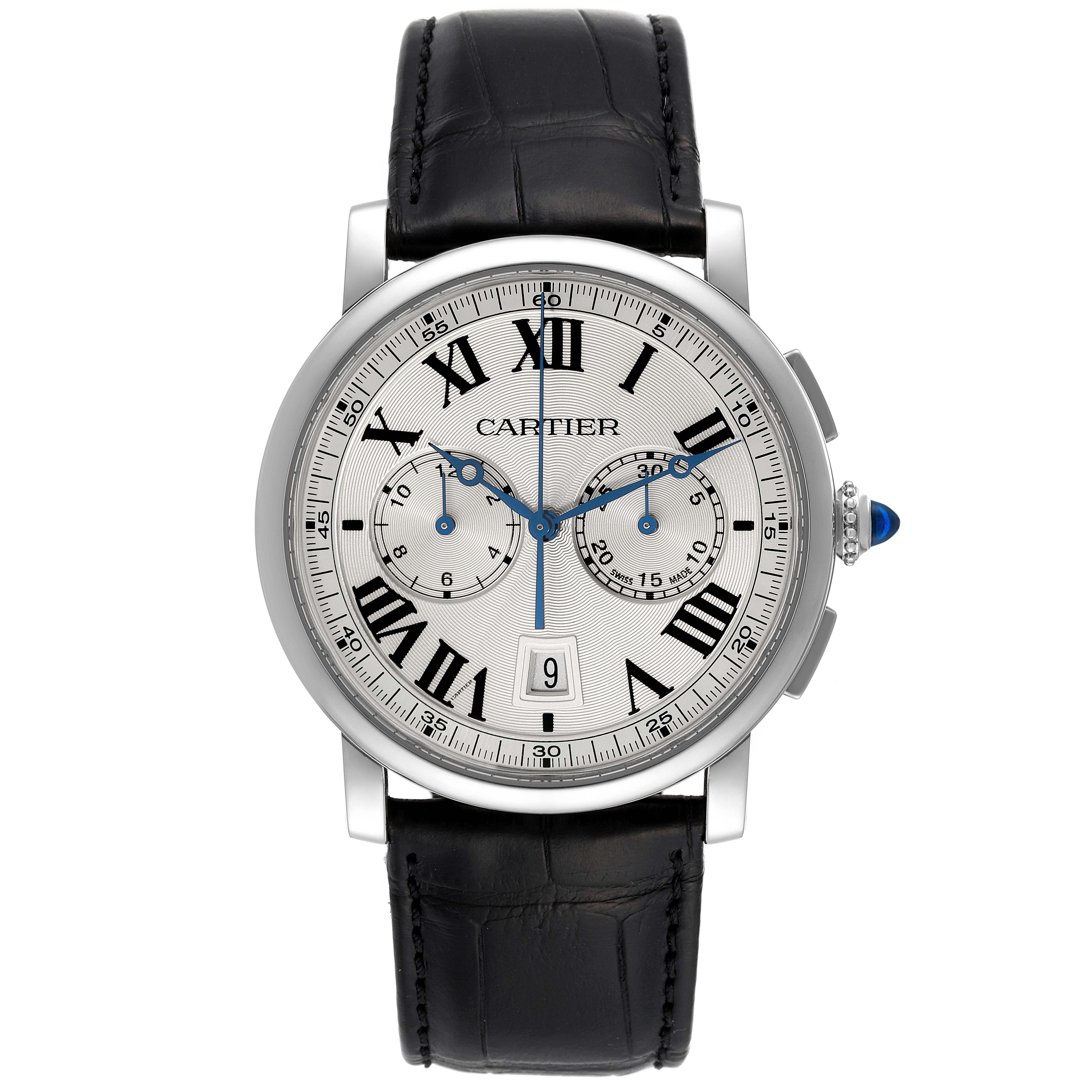 The image shows a front view of the Cartier Rotonde WSRO0002 Men's Stainless Steel Silver Dial WSRO0002 Men's Stainless Steel Silver Dial watch, displaying its face, Roman numerals, and black leather strap.