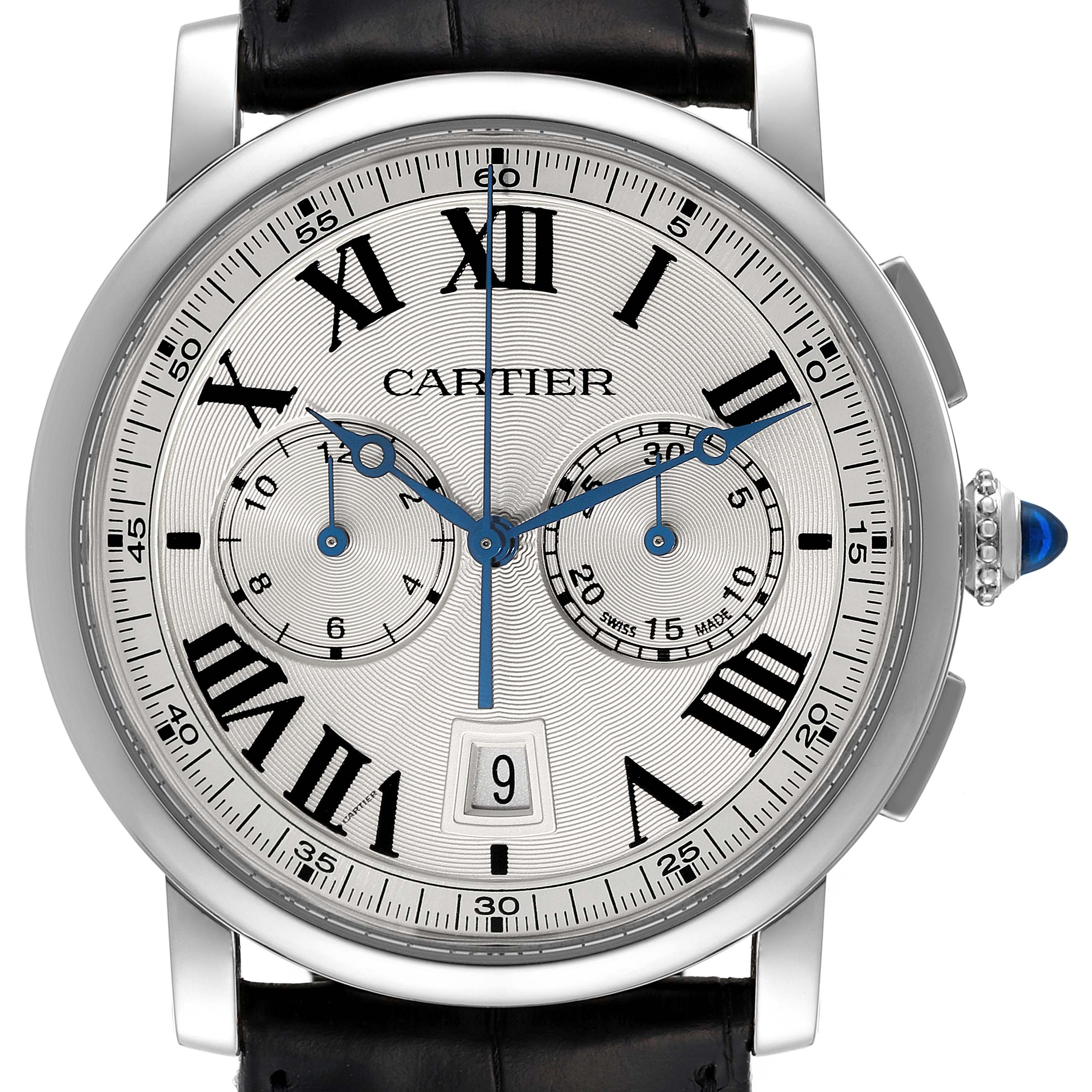 The image shows a front view of the Cartier Rotonde WSRO0002 Men's Stainless Steel Silver Dial WSRO0002 Men's Stainless Steel Silver Dial watch, displaying its dial, hands, subdials, date window, and crown with a blue gemstone.