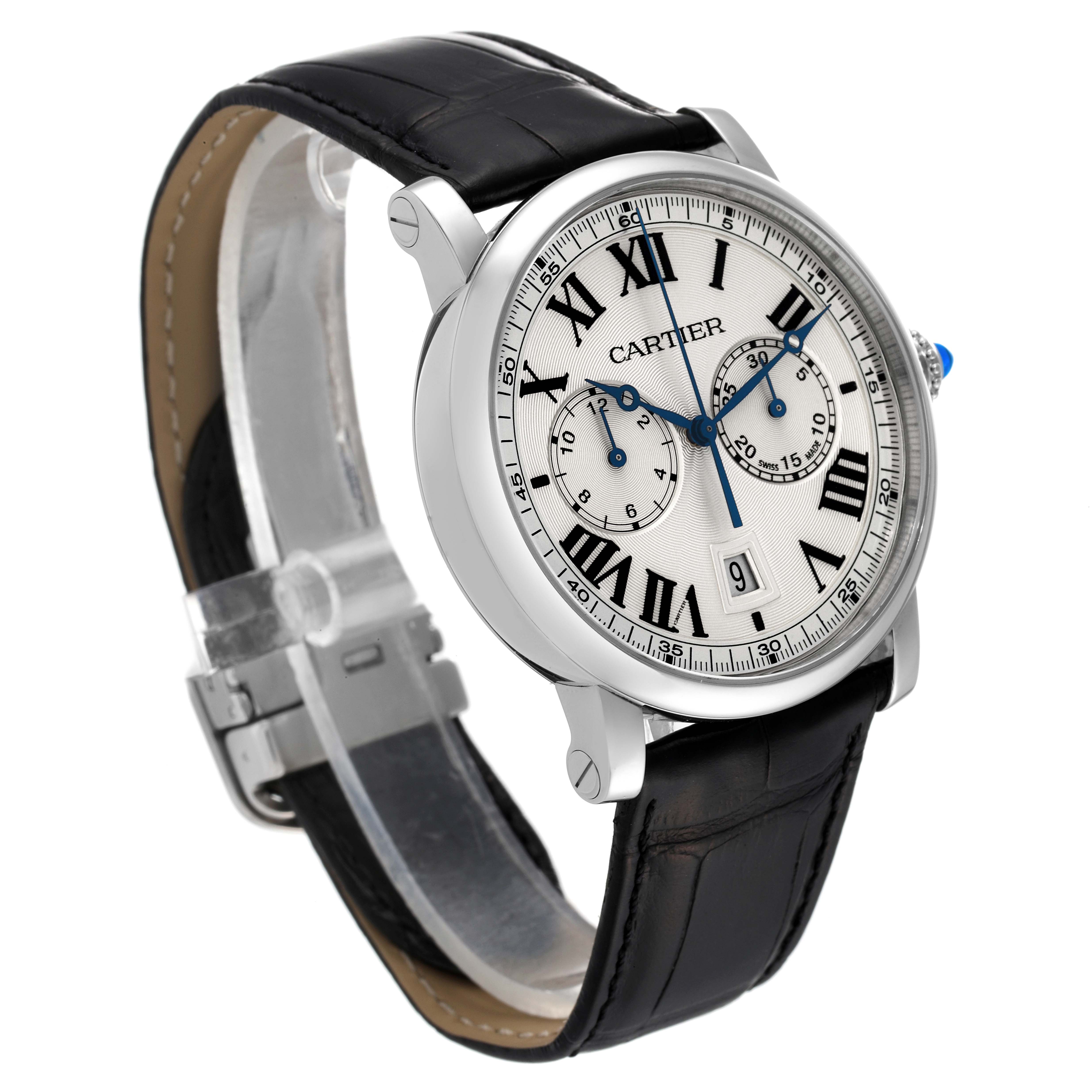 The image shows a Rotonde model by Cartier at an angled front view, highlighting the dial, hour markers, and leather strap.