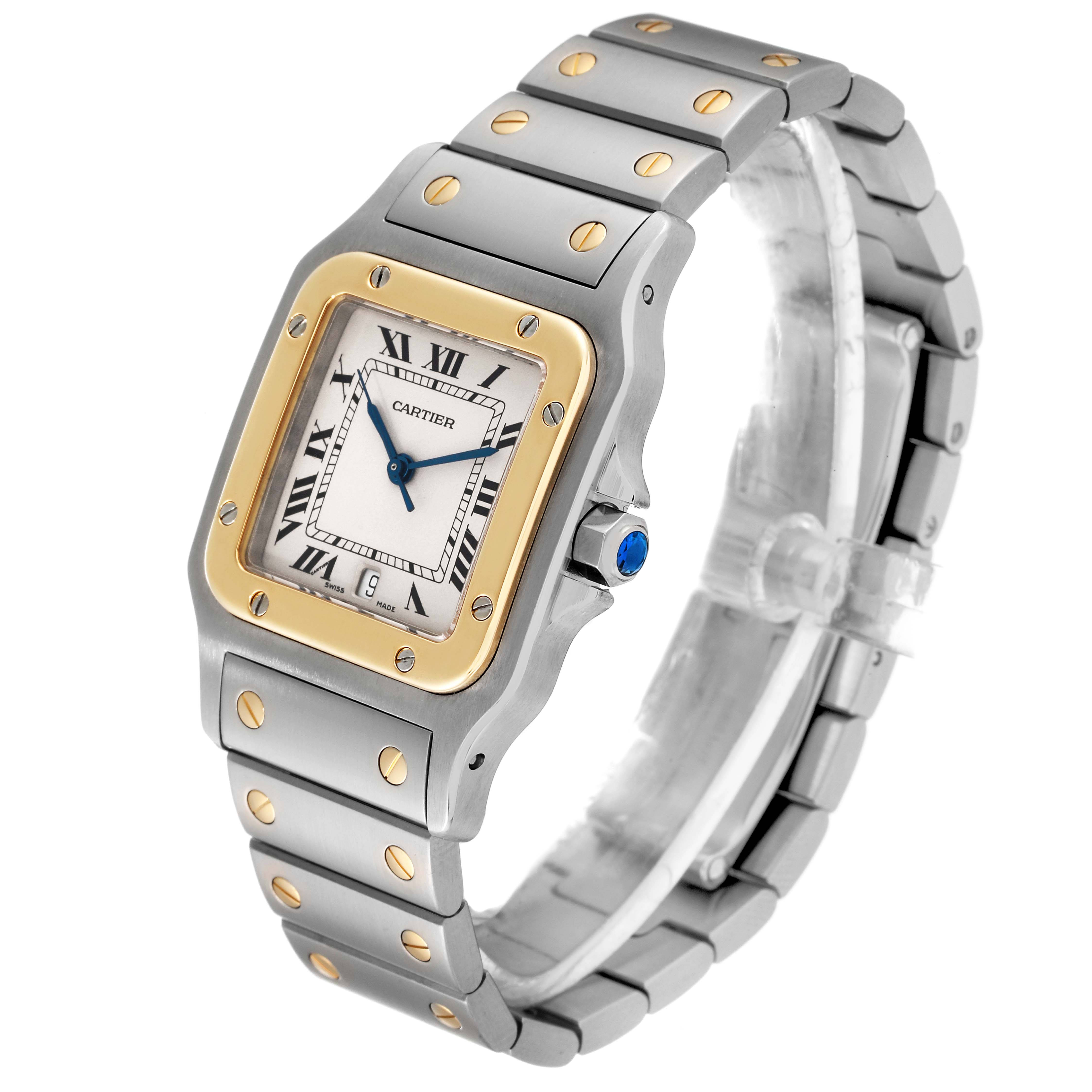 The image shows a Cartier Santos W20011C4 Men
s Steel and Gold (two tone) Silver Dial W20011C4 Men
s Steel and Gold (two tone) Silver Dial watch at an angled side view, highlighting the face, bezel, bracelet, and crown.