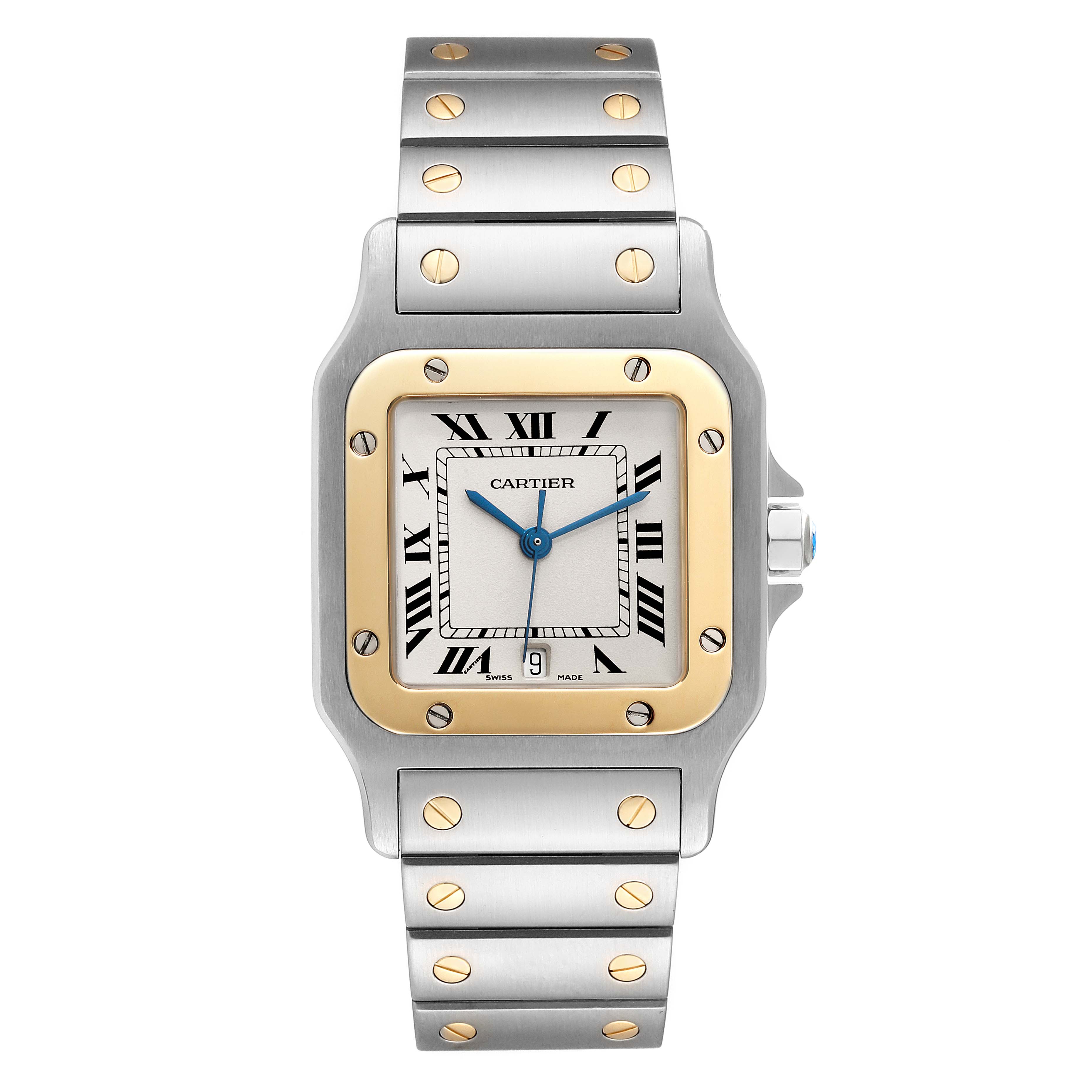 The image shows a front view of a Cartier Santos W20011C4 Men
s Steel and Gold (two tone) Silver Dial W20011C4 Men
s Steel and Gold (two tone) Silver Dial watch, highlighting its face, bezel, and band.