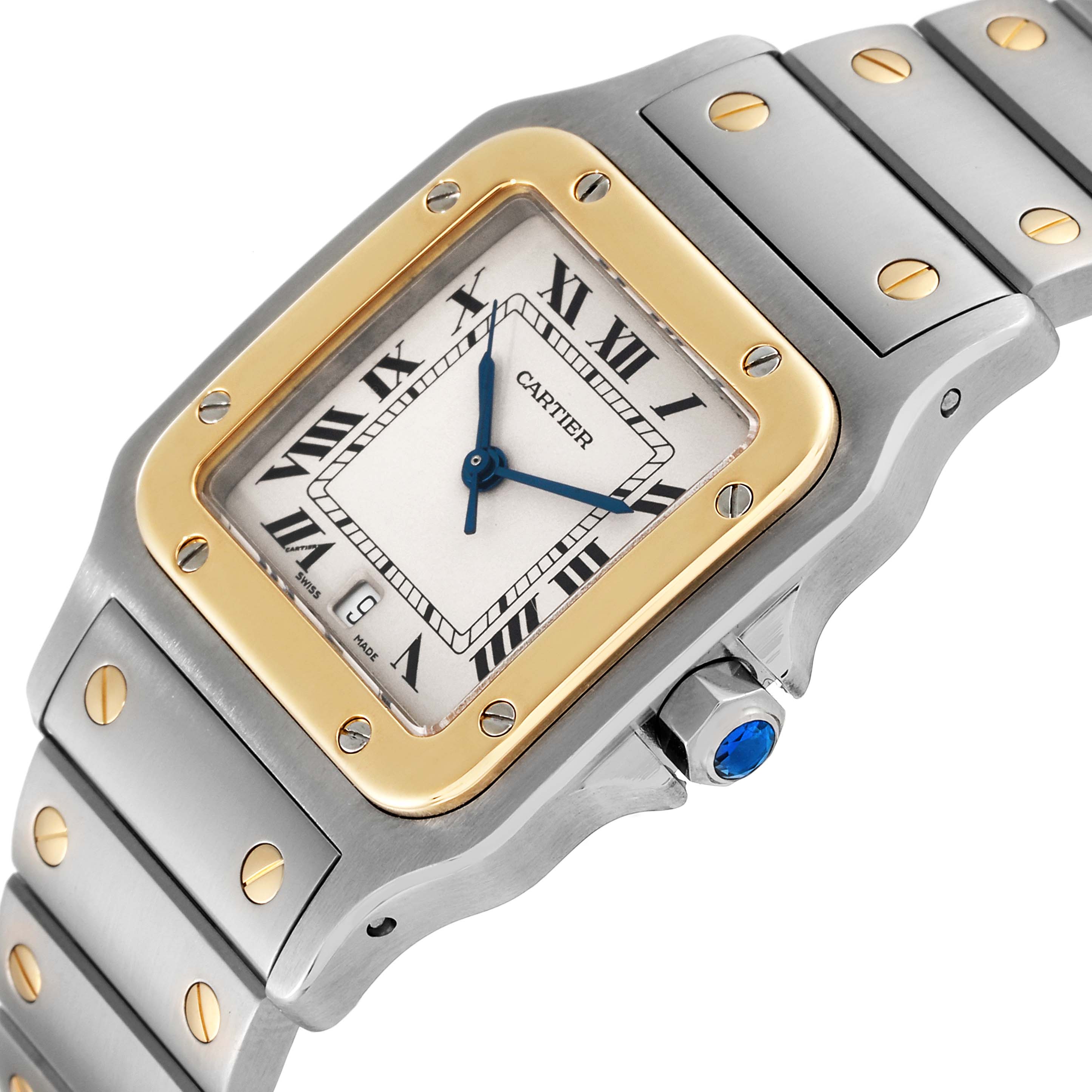The Cartier Santos W20011C4 Men
s Steel and Gold (two tone) Silver Dial W20011C4 Men
s Steel and Gold (two tone) Silver Dial watch is shown at an angled close-up, displaying the face, bezel, and part of the bracelet.