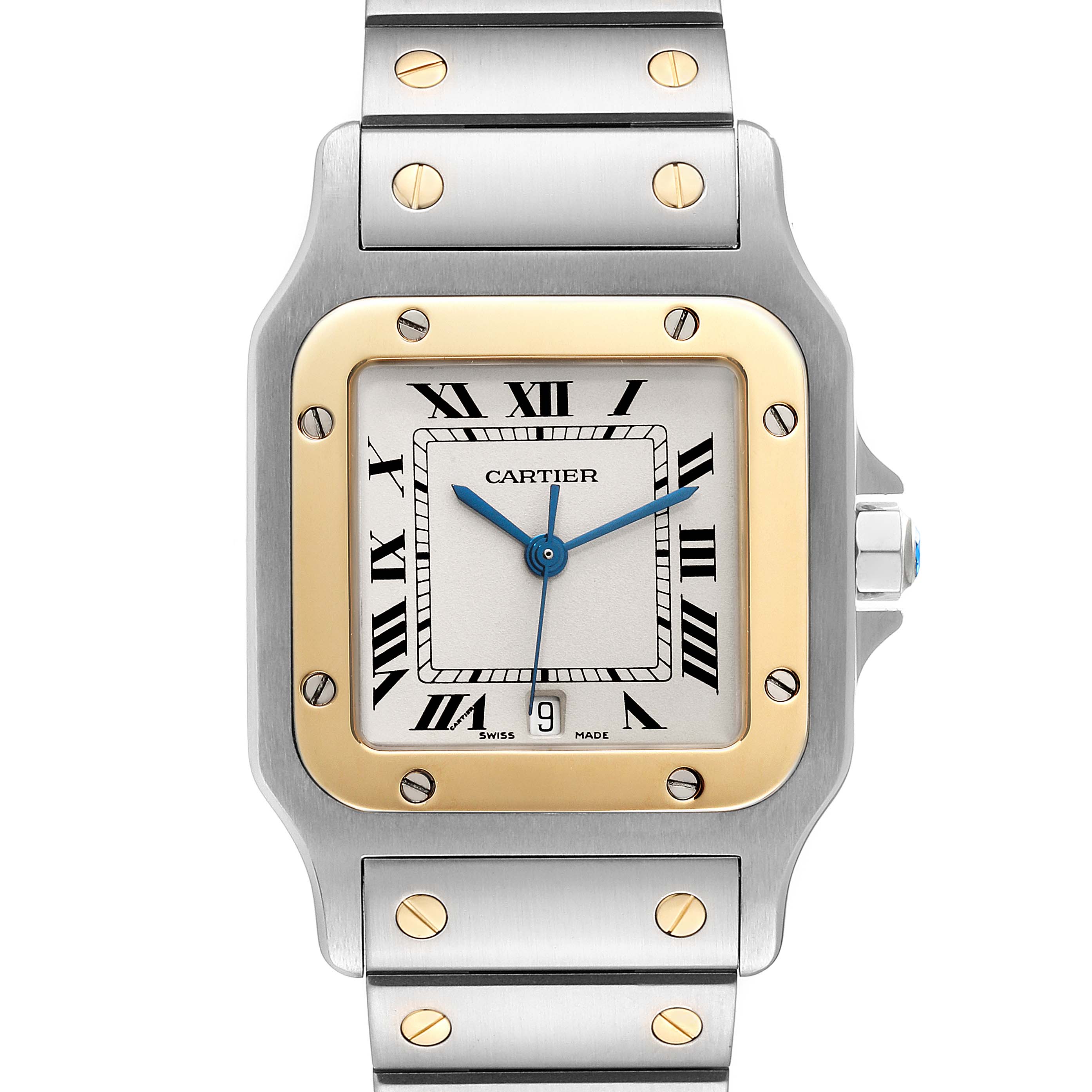 The image shows the Cartier Santos W20011C4 Men
s Steel and Gold (two tone) Silver Dial W20011C4 Men
s Steel and Gold (two tone) Silver Dial watch from a frontal angle, highlighting its face, bezel, and part of the bracelet.