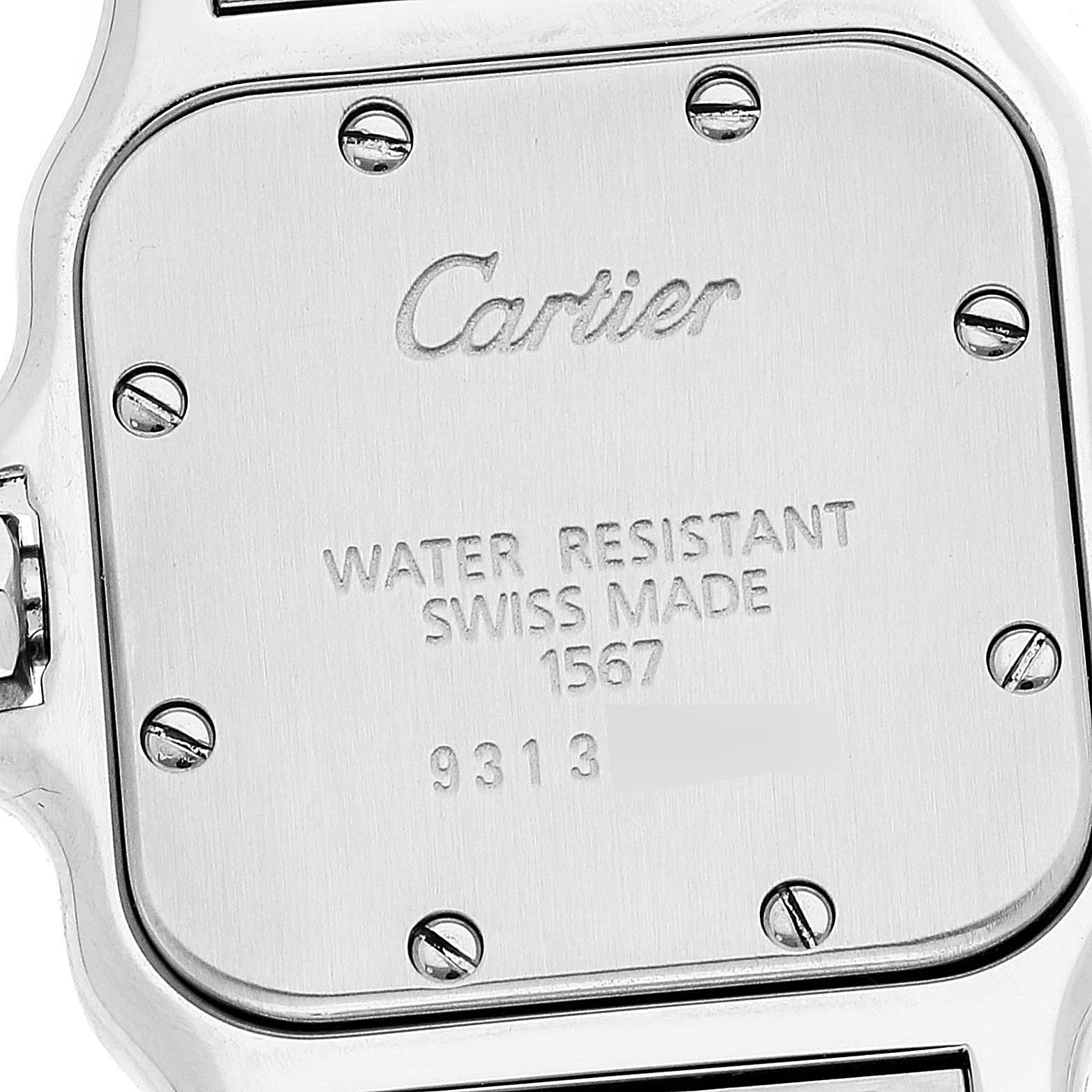 This image shows the back case of a Cartier Santos W20012C4 Women's Steel and Gold (two tone) Silver Dial W20012C4 Women's Steel and Gold (two tone) Silver Dial watch, highlighting the brand engraving, model details, and securing screws.
