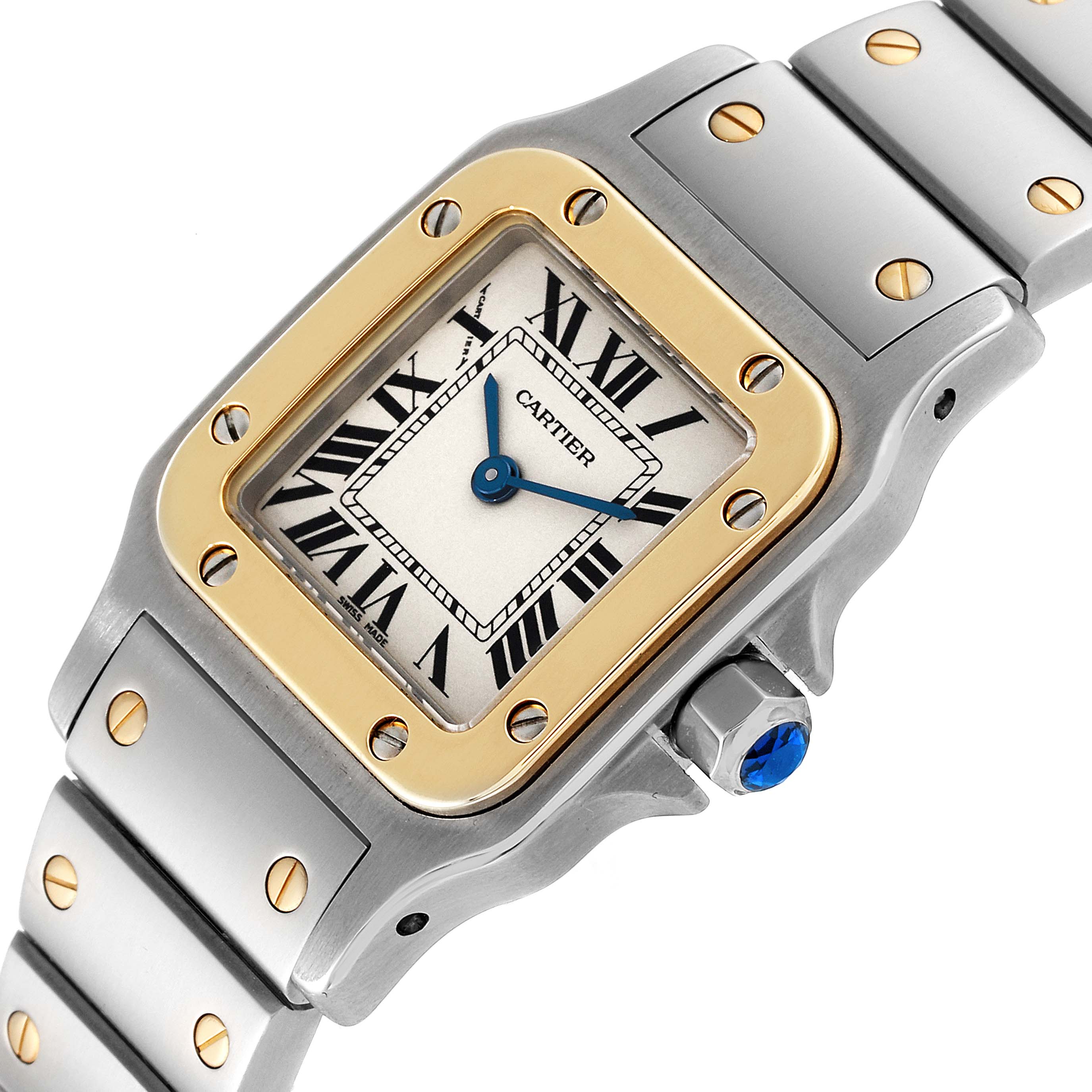 The image shows a close-up of the Santos model by Cartier, focusing on the face, bezel, and part of the bracelet.