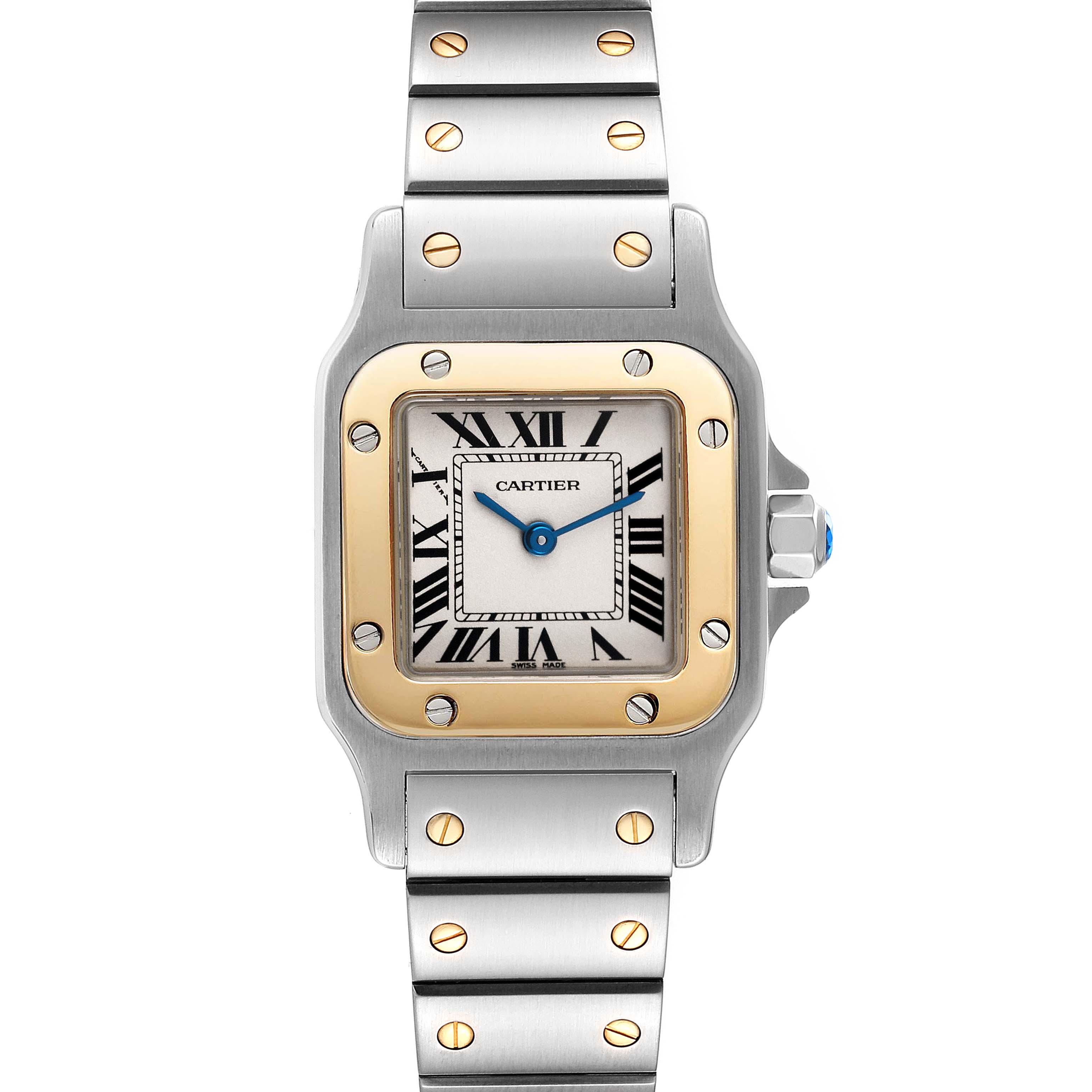 The Cartier Santos W20012C4 Women's Steel and Gold (two tone) Silver Dial W20012C4 Women's Steel and Gold (two tone) Silver Dial watch is shown from a top-down angle, displaying its face, bezel, and bracelet.