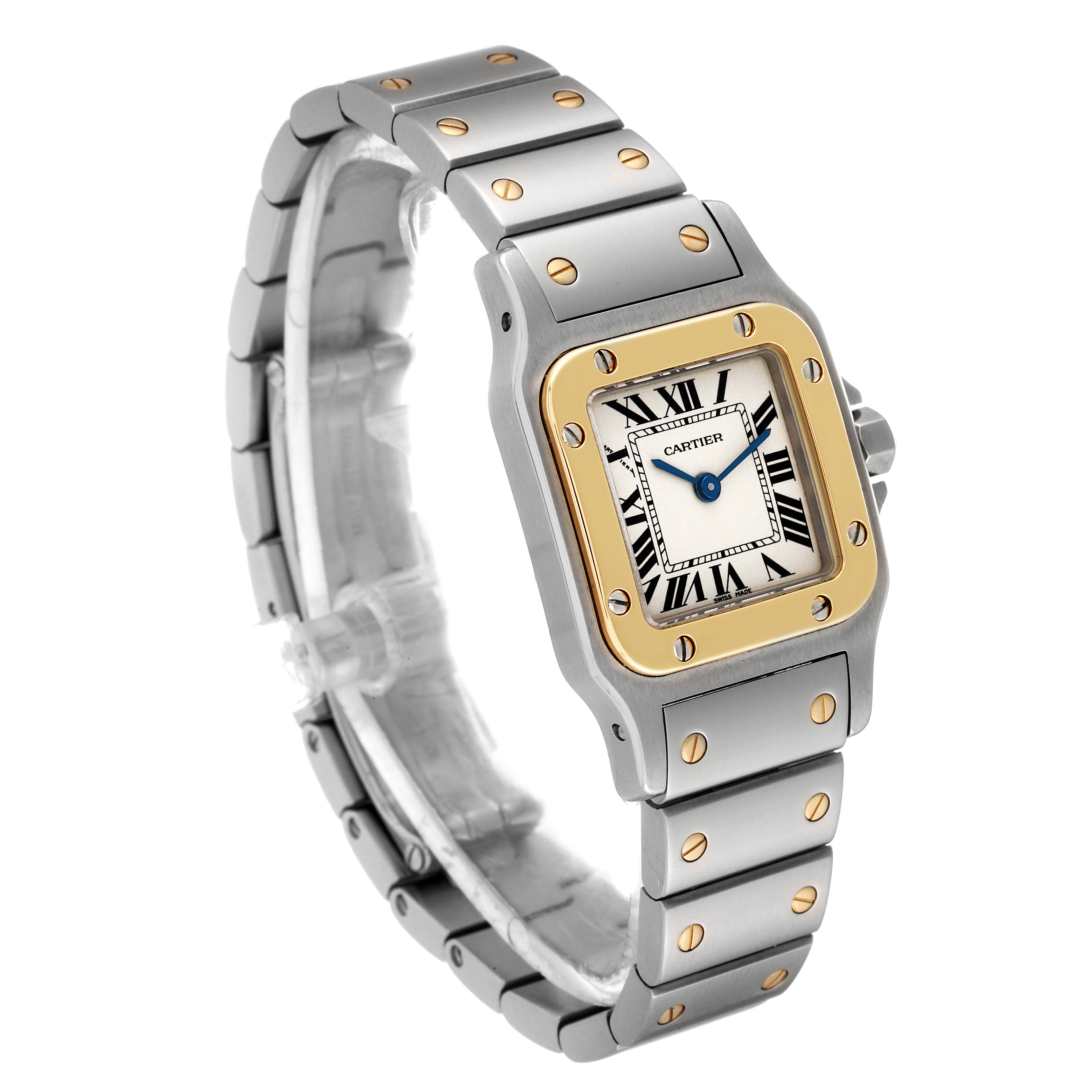 This Cartier Santos W20012C4 Women's Steel and Gold (two tone) Silver Dial W20012C4 Women's Steel and Gold (two tone) Silver Dial watch is shown at a three-quarter angle highlighting the face, bezel, and bracelet.