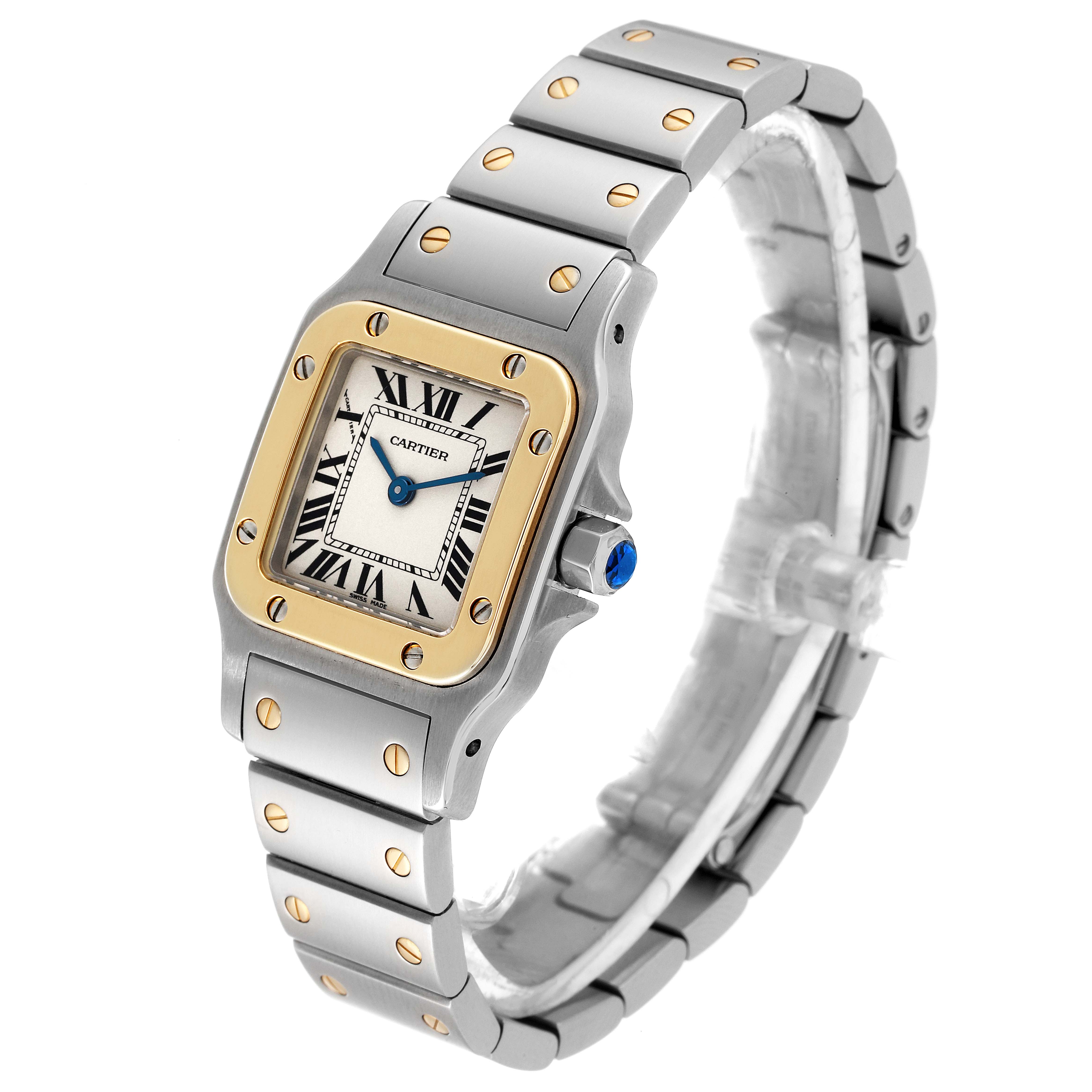 The image shows a Cartier Santos W20012C4 Women's Steel and Gold (two tone) Silver Dial W20012C4 Women's Steel and Gold (two tone) Silver Dial watch at an angled side view, displaying its square face, Roman numerals, bracelet, and bezel.