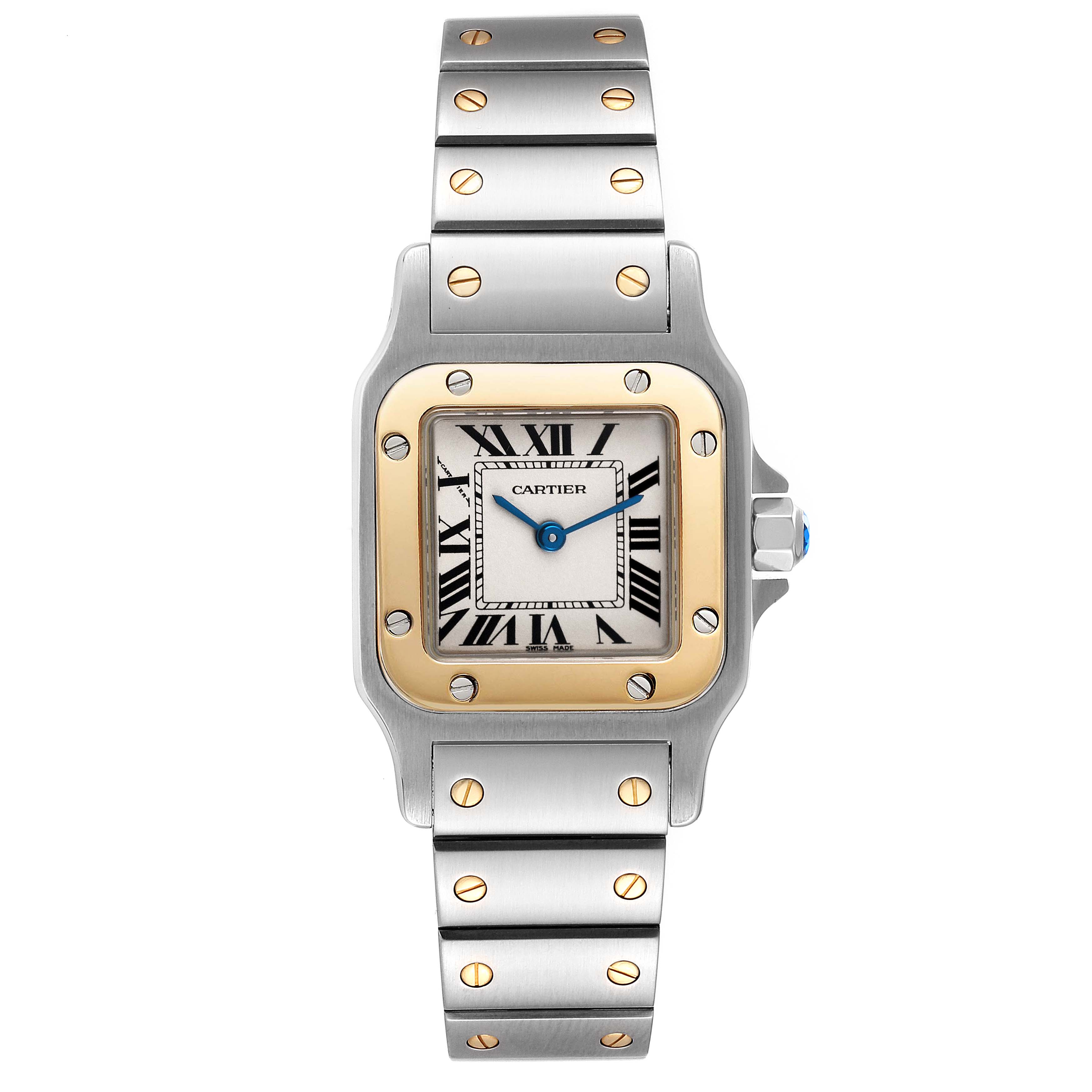 The Cartier Santos W20012C4 Women's Steel and Gold (two tone) Silver Dial W20012C4 Women's Steel and Gold (two tone) Silver Dial watch is shown from the front, displaying the face, bezel, and bracelet.