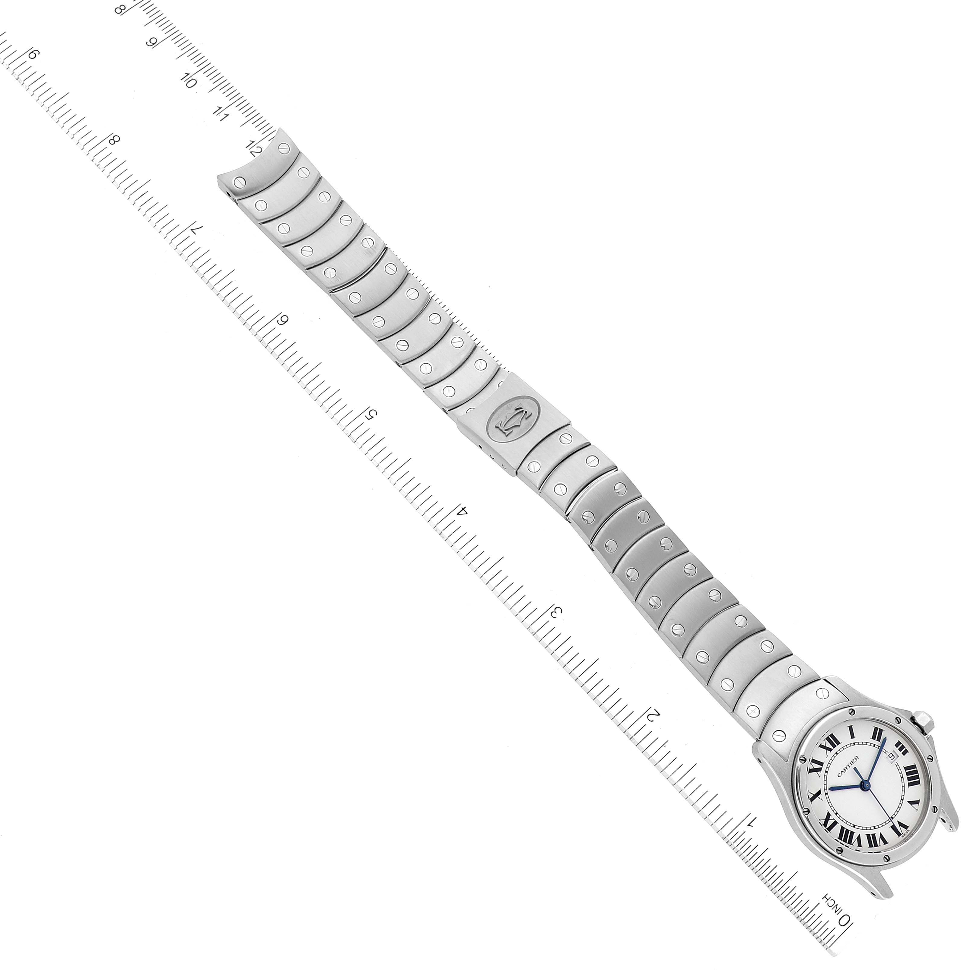 The image shows a top-down view of the Cartier Santos 1561 Women's Stainless Steel Silver Dial 1561 Women's Stainless Steel Silver Dial watch displaying the entire band and face next to a ruler for scale.