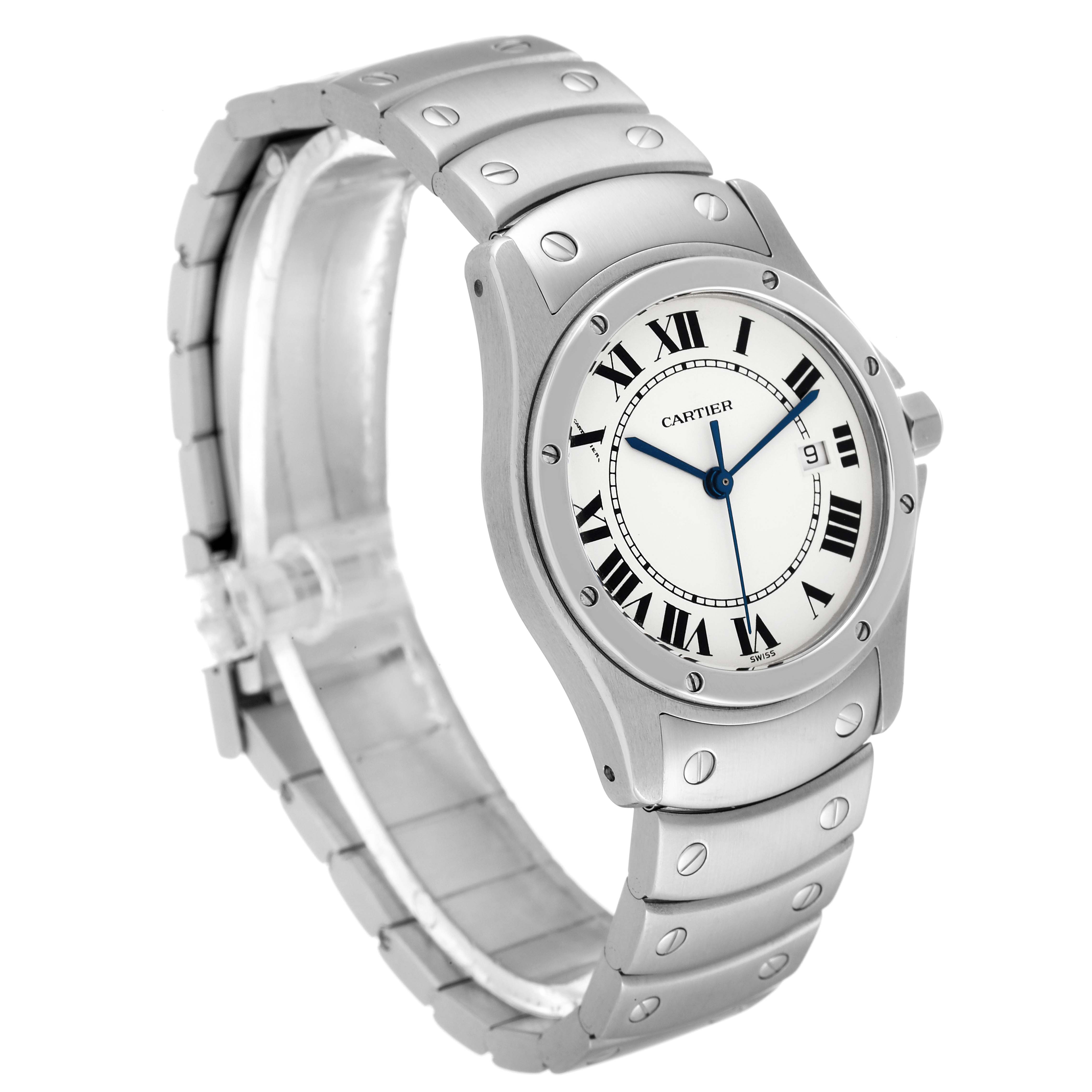 This Cartier Santos 1561 Women's Stainless Steel Silver Dial 1561 Women's Stainless Steel Silver Dial watch image shows a three-quarter view, highlighting the case, dial, bracelet, and screws.
