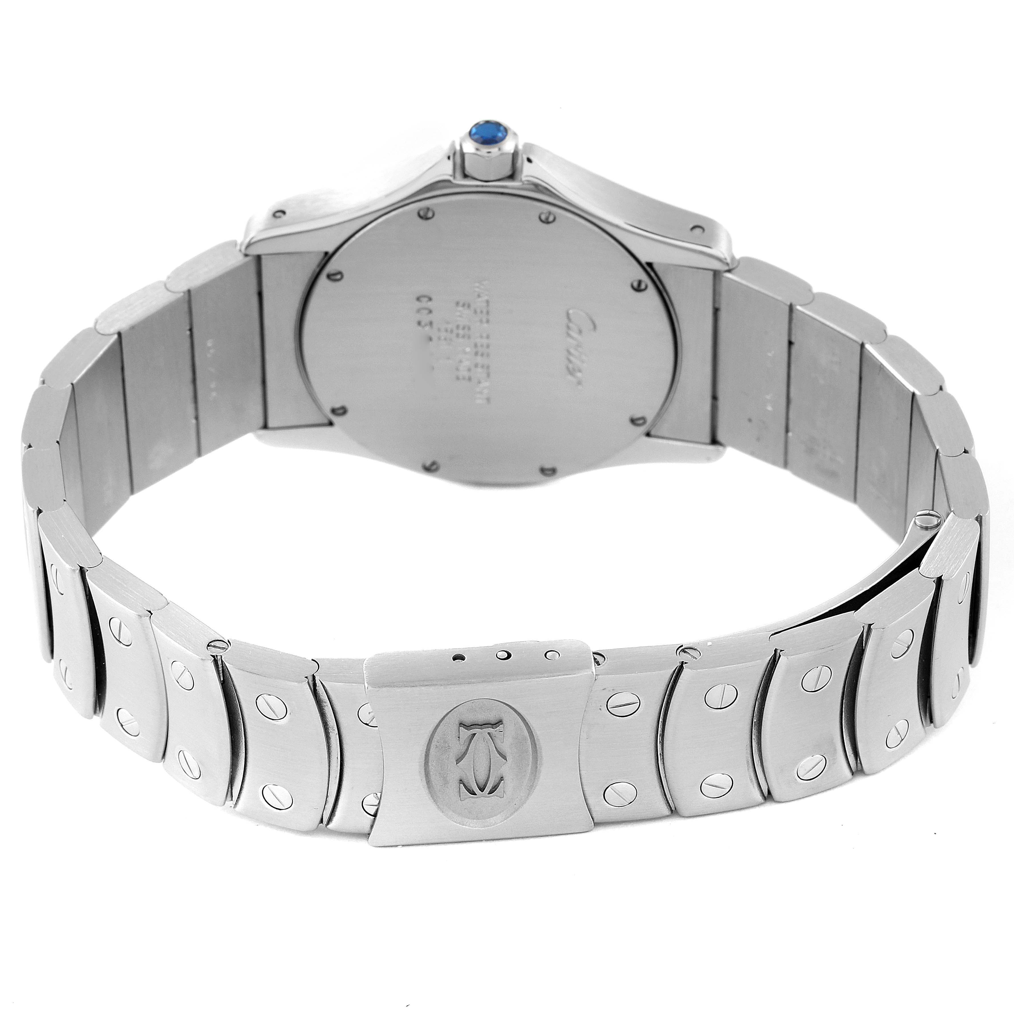 The image shows the back view of the Cartier Santos 1561 Women's Stainless Steel Silver Dial 1561 Women's Stainless Steel Silver Dial watch, highlighting the clasp and bracelet.