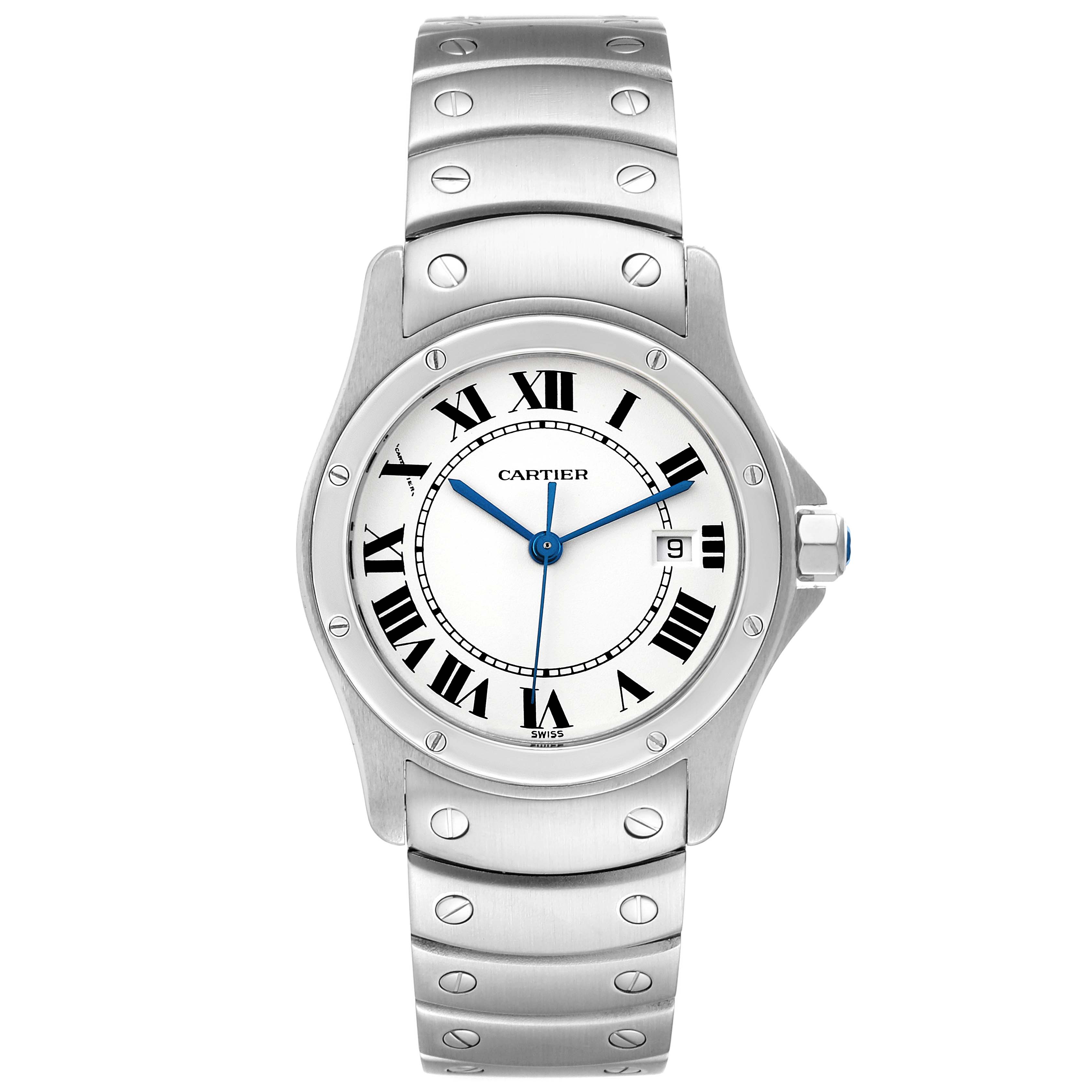 This image shows a front view of the Cartier Santos 1561 Women's Stainless Steel Silver Dial 1561 Women's Stainless Steel Silver Dial watch displaying its face, bezel, crown, and part of the bracelet.