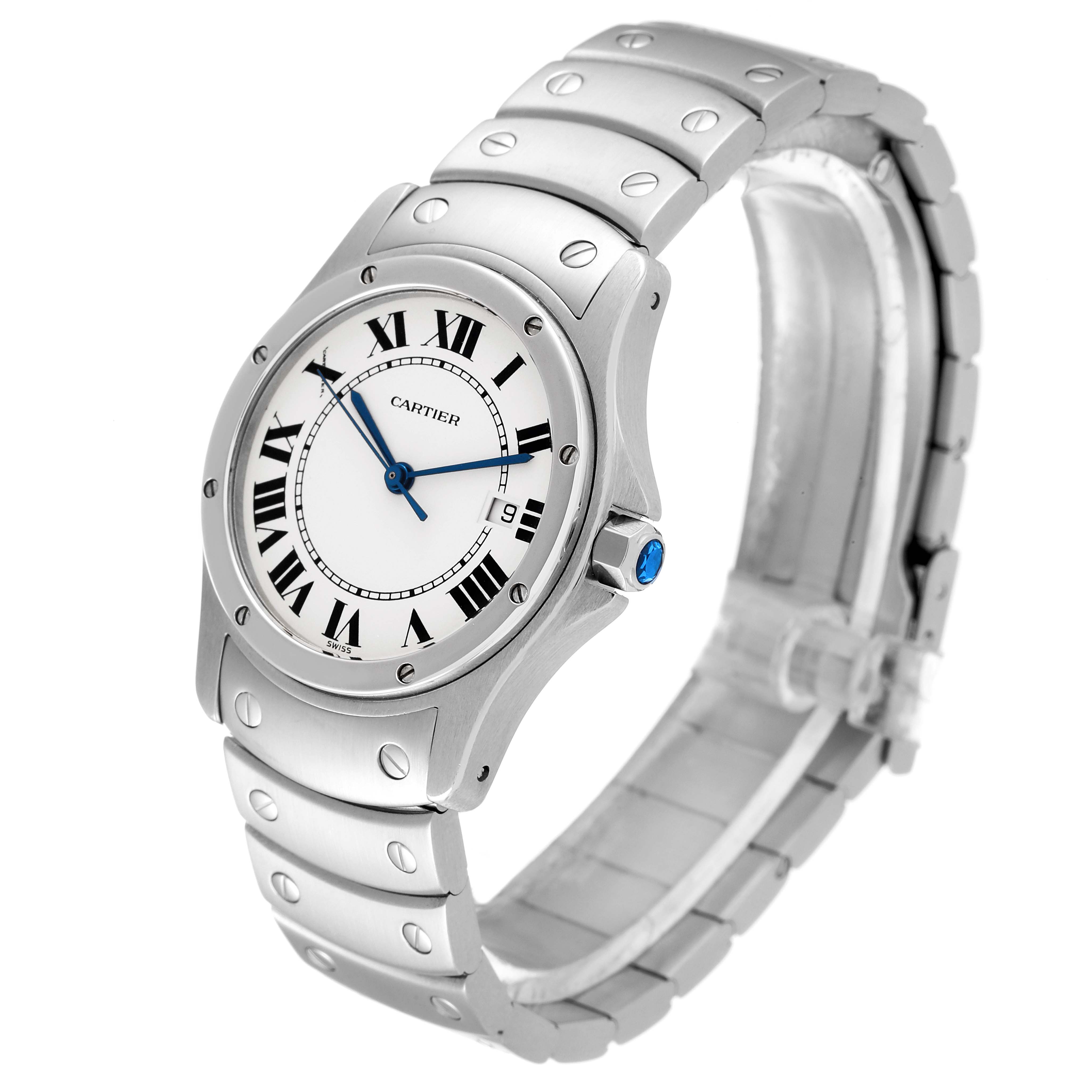 The image shows a front-angle view of the Cartier Santos 1561 Women's Stainless Steel Silver Dial 1561 Women's Stainless Steel Silver Dial watch, highlighting its dial, bracelet, and side profile.