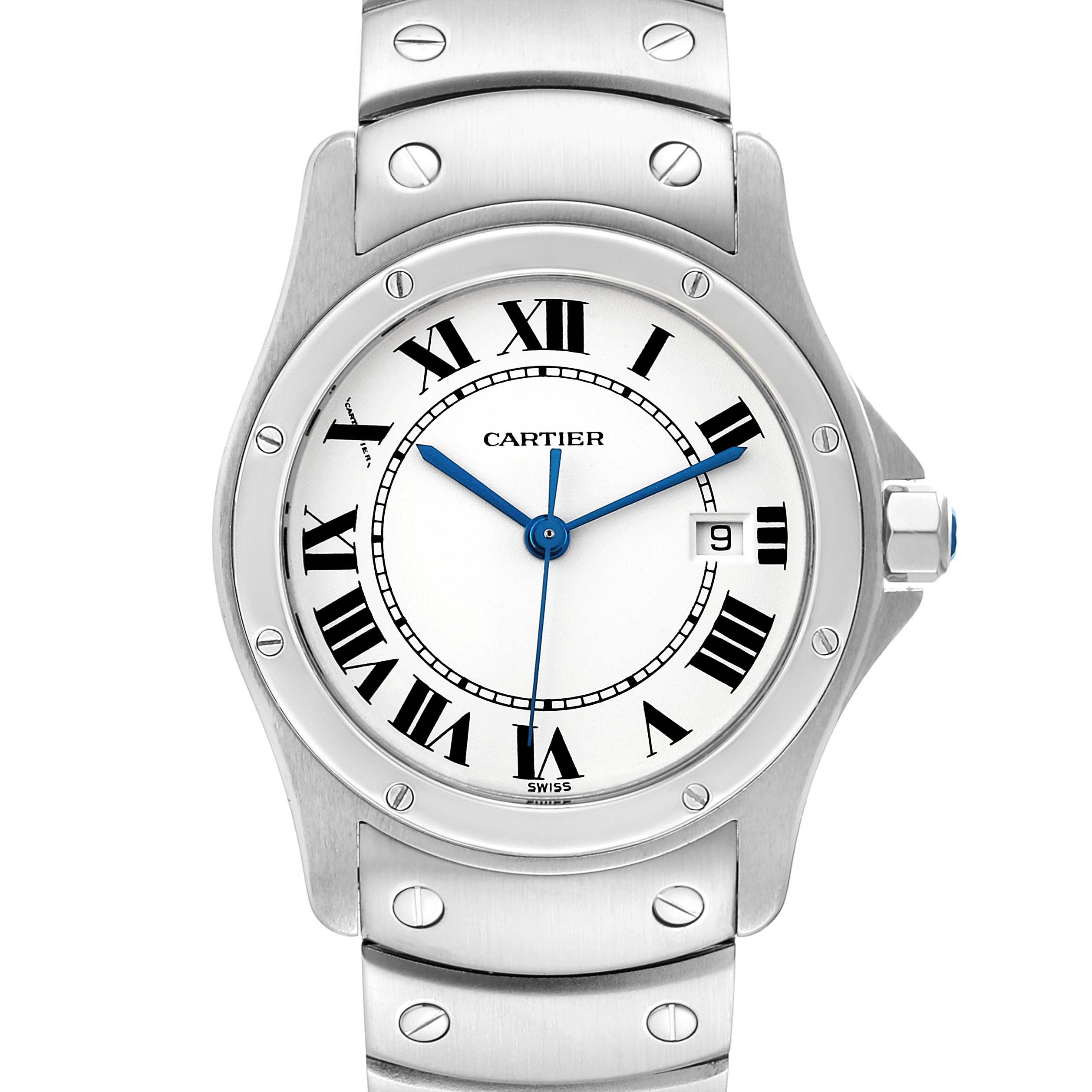 This Cartier Santos 1561 Women's Stainless Steel Silver Dial 1561 Women's Stainless Steel Silver Dial model watch is shown from a straight-on angle, highlighting its face, bezel, and part of the bracelet.