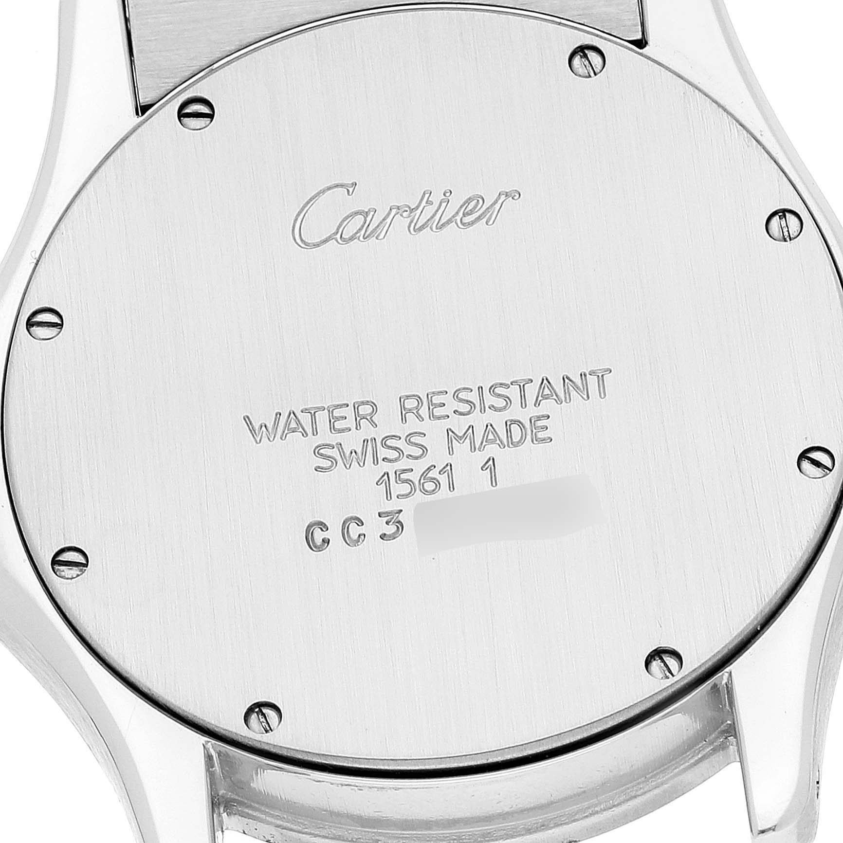 This image shows the back case of a Cartier Santos 1561 Women's Stainless Steel Silver Dial 1561 Women's Stainless Steel Silver Dial watch, highlighting the brand engraving and water resistance details.