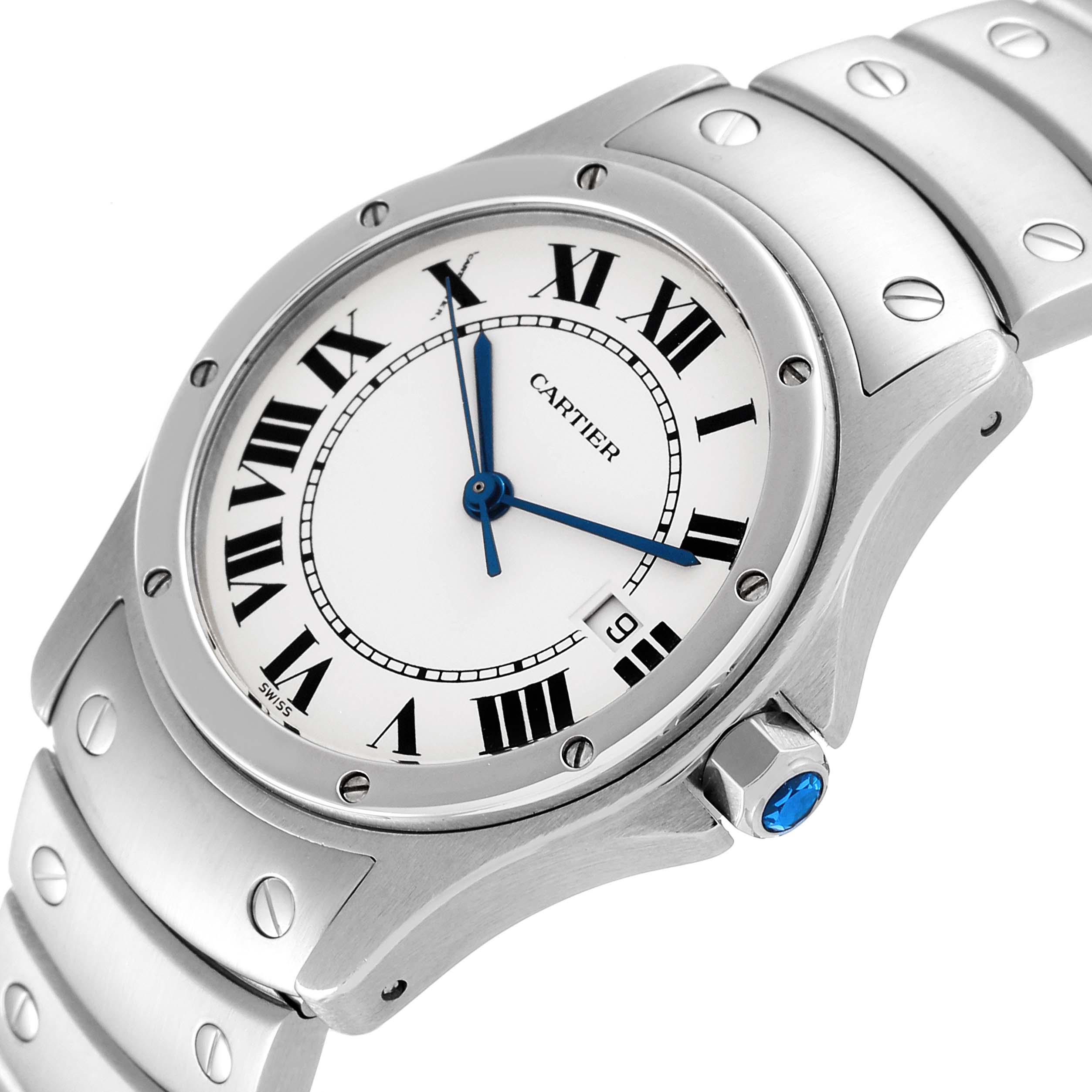 This image shows a close-up angled view of the Cartier Santos 1561 Women's Stainless Steel Silver Dial 1561 Women's Stainless Steel Silver Dial watch, displaying the dial, bezel, crown, and part of the bracelet.