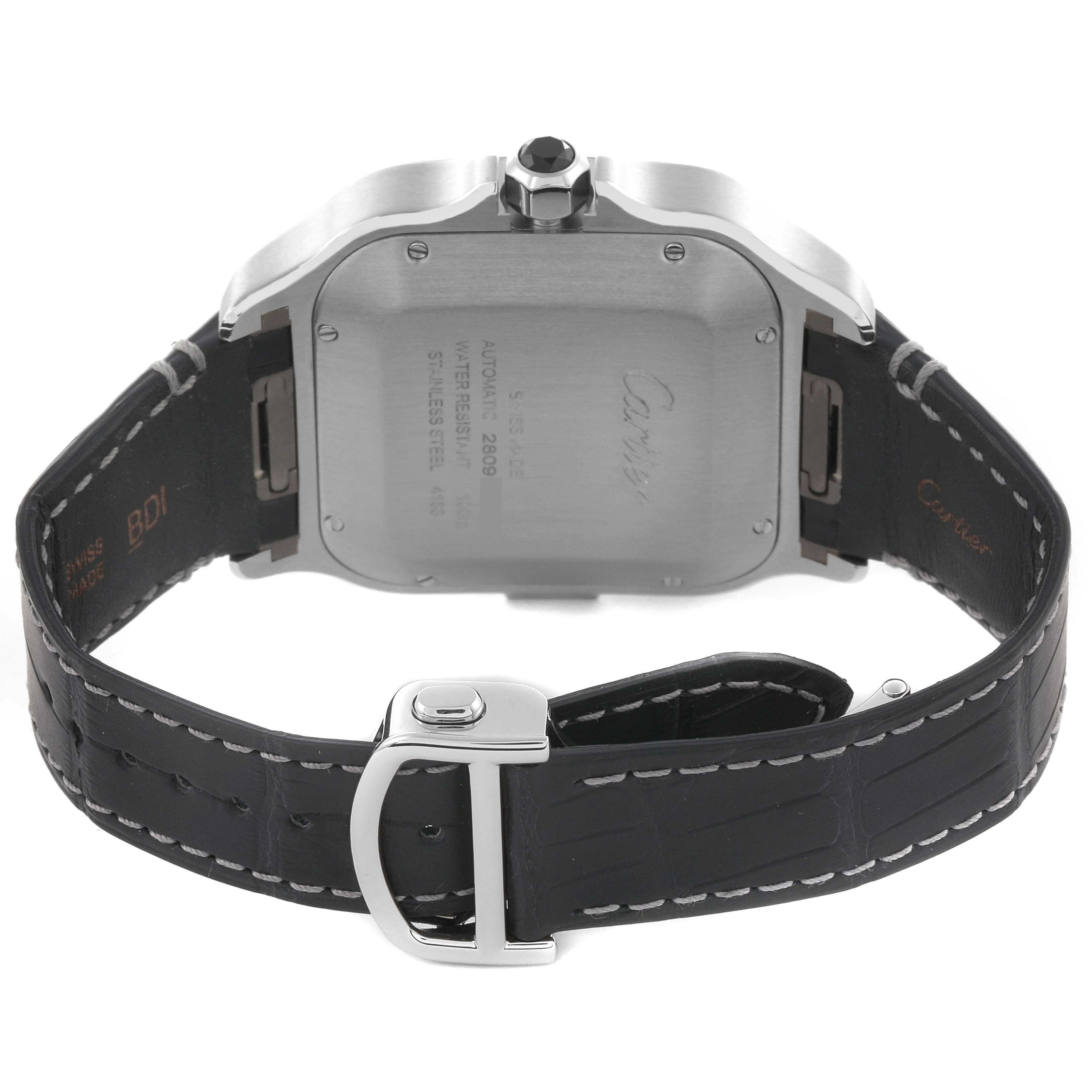 The image shows the back of a Cartier Santos WSSA0017 Men's Stainless Steel Silver Dial WSSA0017 Men's Stainless Steel Silver Dial watch with a leather strap and deployment buckle.