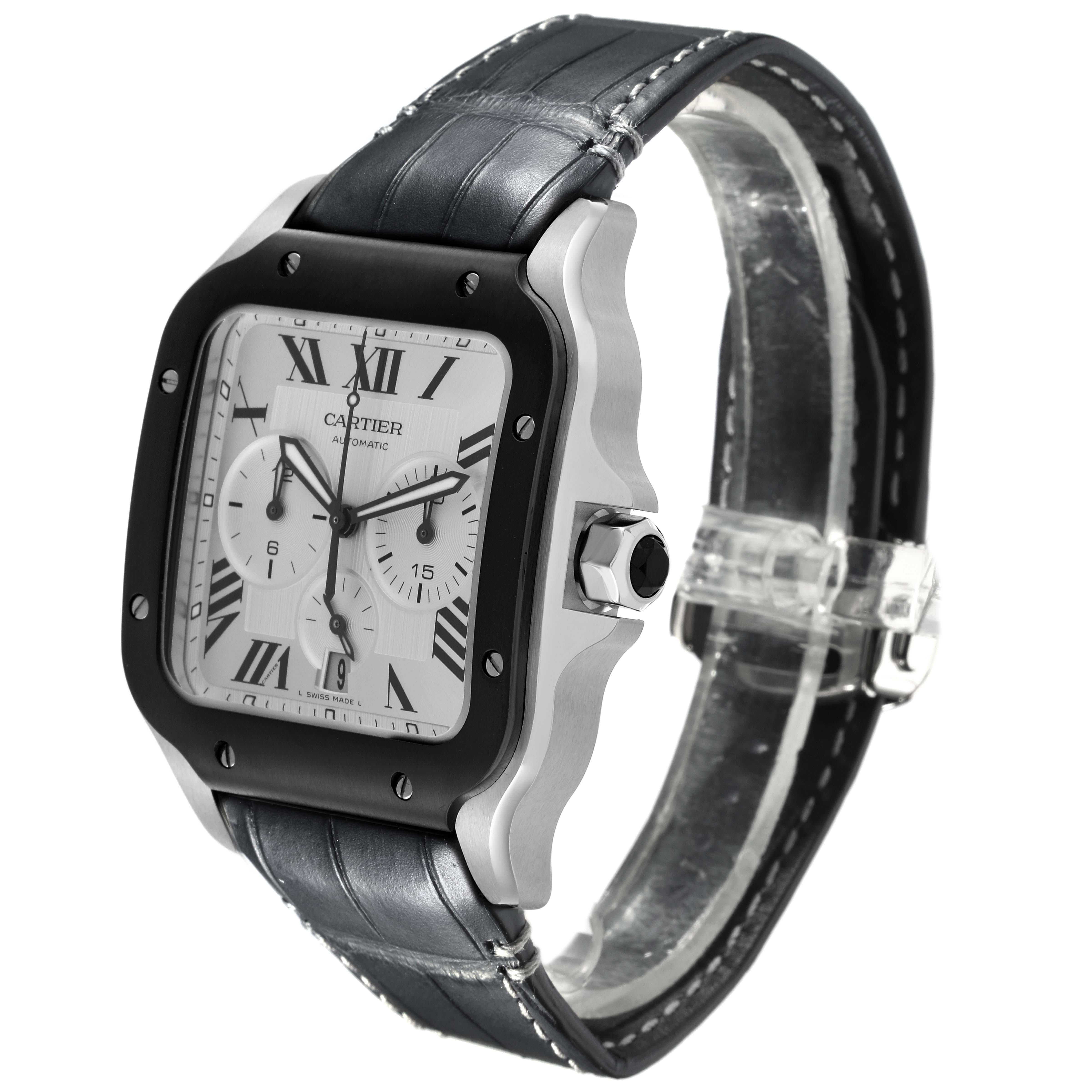 The Cartier Santos WSSA0017 Men's Stainless Steel Silver Dial WSSA0017 Men's Stainless Steel Silver Dial watch is shown at a three-quarter angle showcasing its face, bezel, crown, and strap.