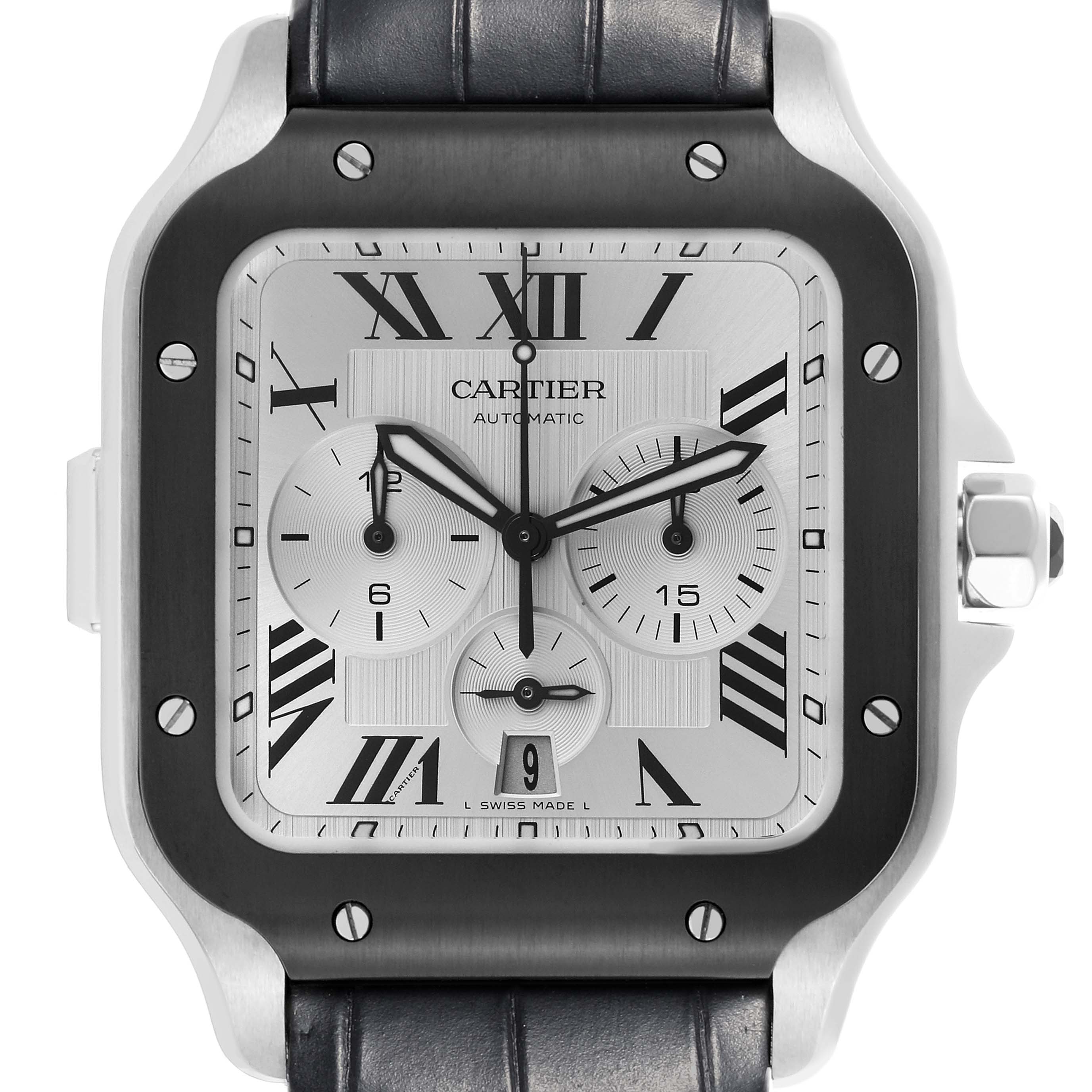 The Cartier Santos WSSA0017 Men's Stainless Steel Silver Dial WSSA0017 Men's Stainless Steel Silver Dial watch is shown from the front, highlighting its face, bezel, and crown.