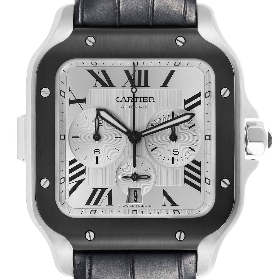 The Cartier Santos watch is shown from the front, highlighting its face, bezel, and crown.