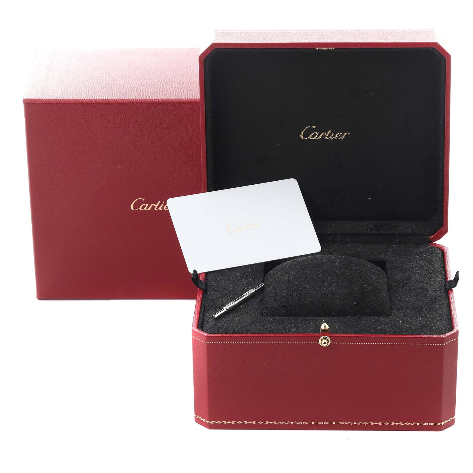 This image shows the Cartier Santos WSSA0017 Men's Stainless Steel Silver Dial WSSA0017 Men's Stainless Steel Silver Dial watch box, certificate, and a tool, from a front angle.