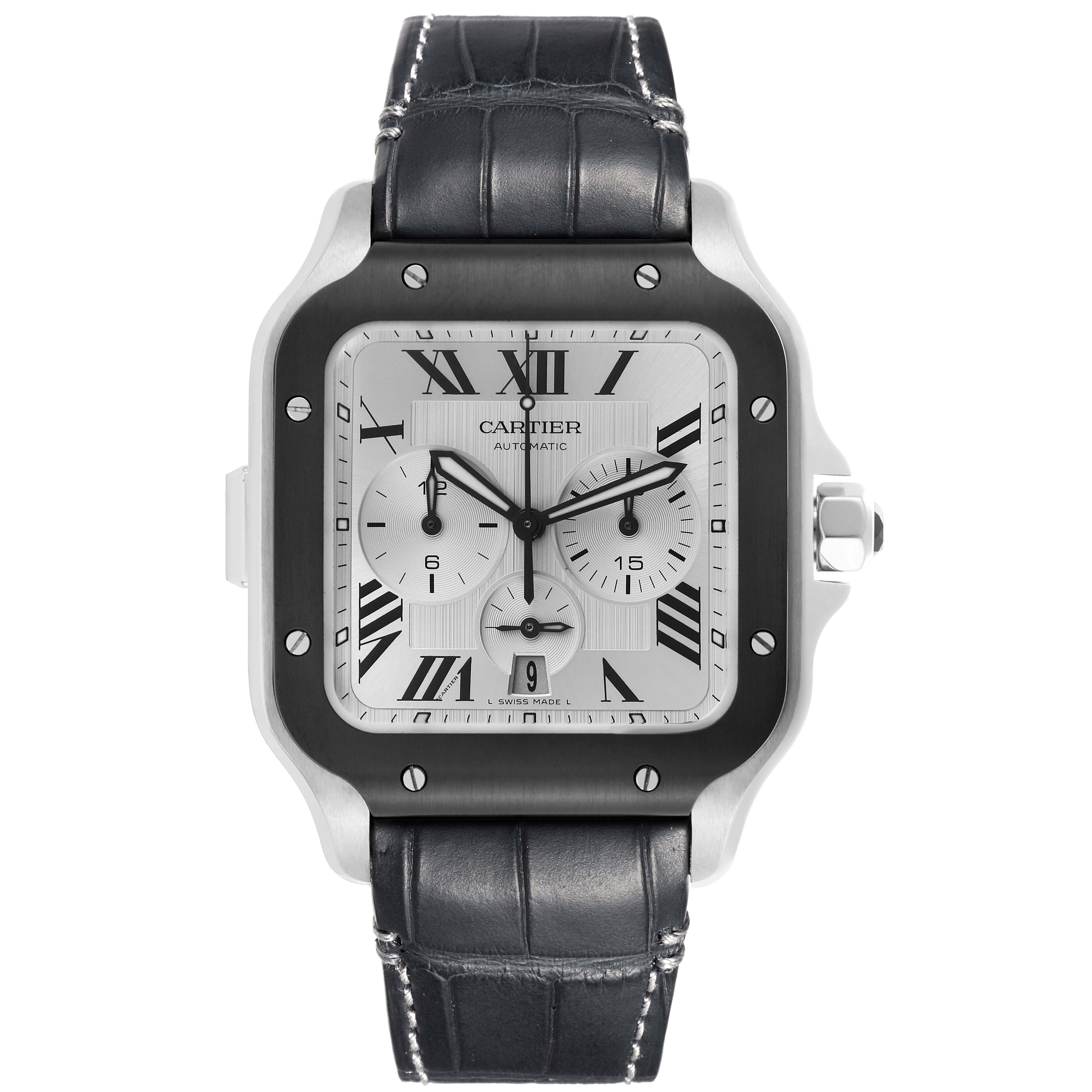 The Cartier Santos WSSA0017 Men's Stainless Steel Silver Dial WSSA0017 Men's Stainless Steel Silver Dial watch is shown from the front, featuring its face, chronograph dials, and leather strap.
