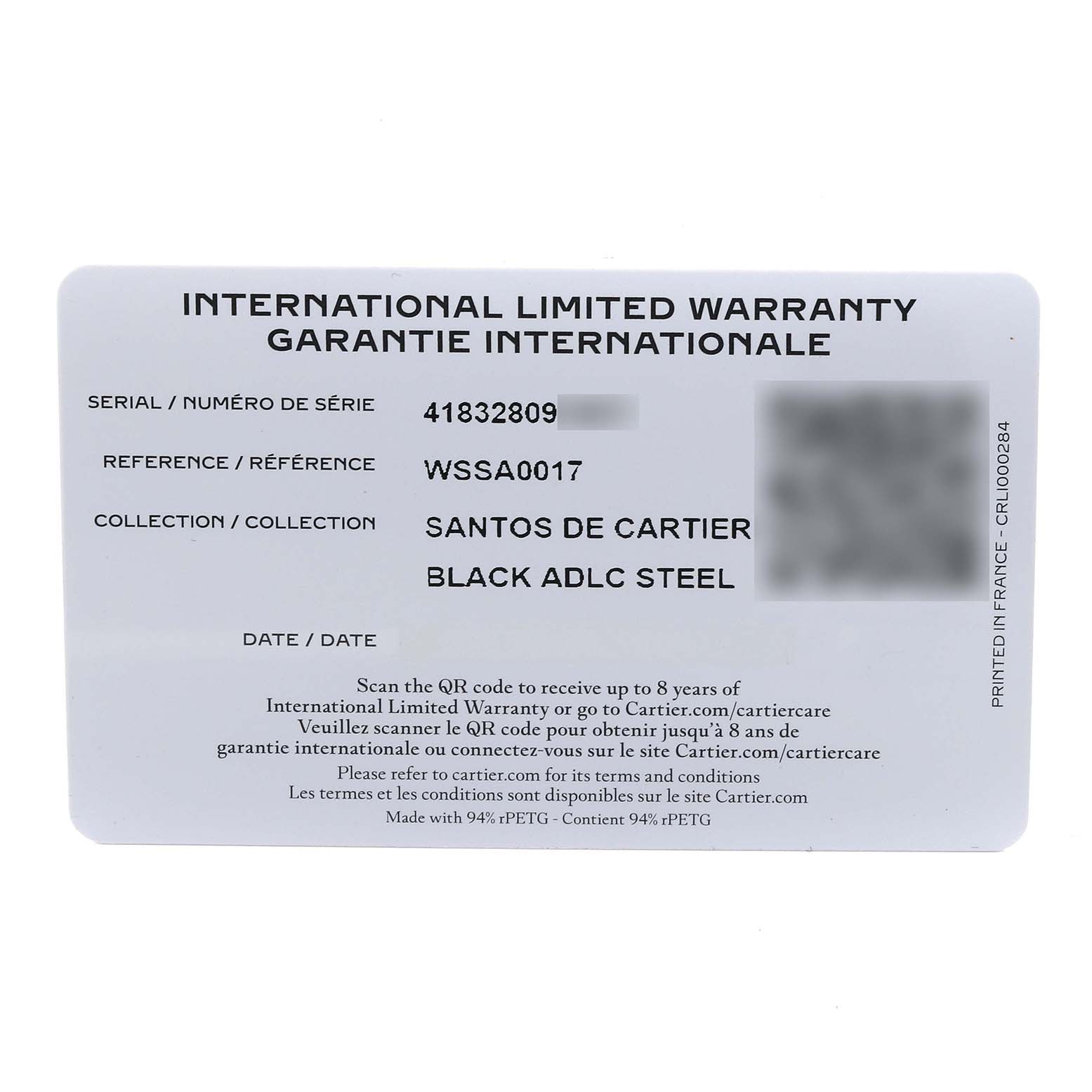 The image shows an international limited warranty card for the Cartier Santos WSSA0017 Men's Stainless Steel Silver Dial WSSA0017 Men's Stainless Steel Silver Dial watch model.