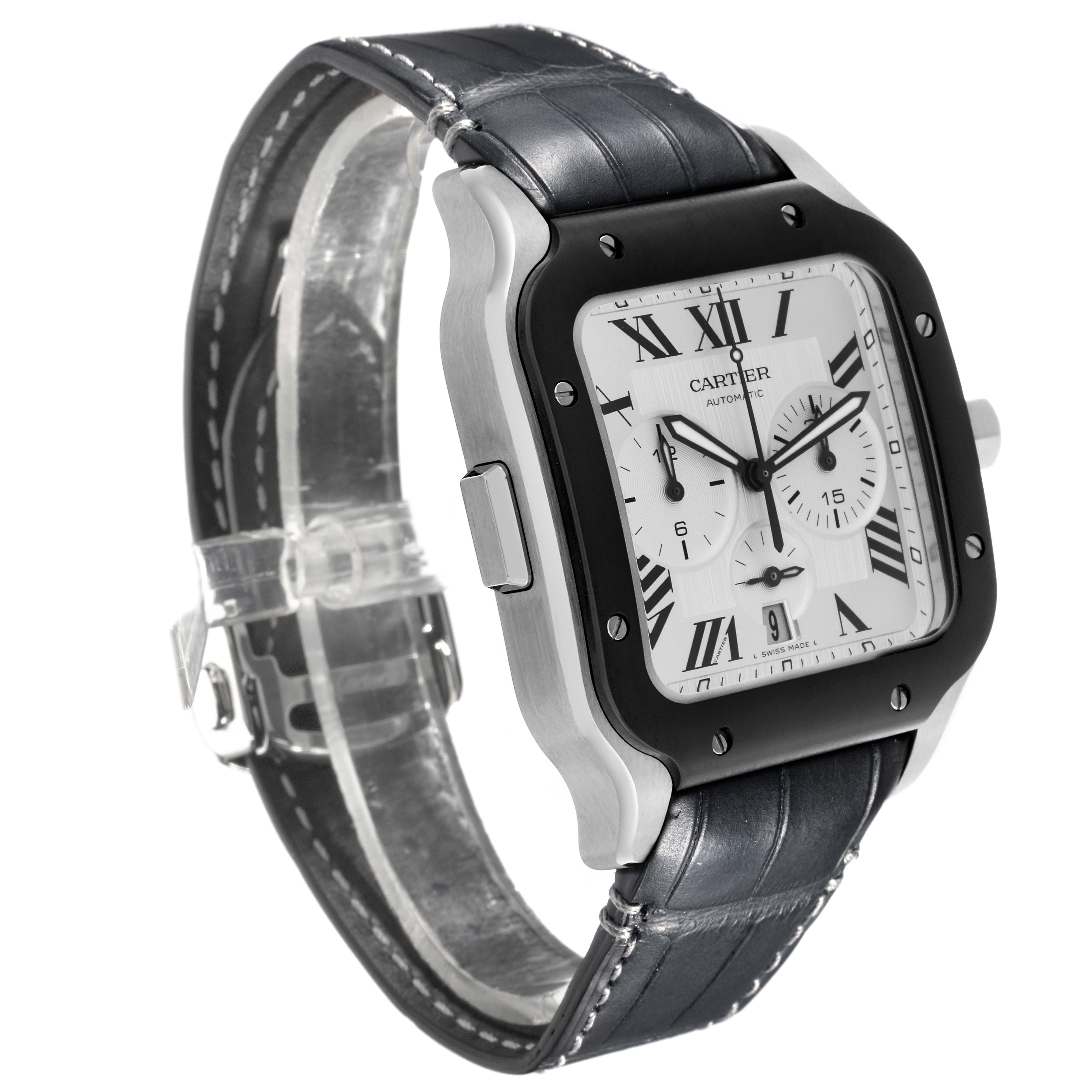 The Cartier Santos WSSA0017 Men's Stainless Steel Silver Dial WSSA0017 Men's Stainless Steel Silver Dial watch is shown at an angled front view, displaying the case, dial, and strap.