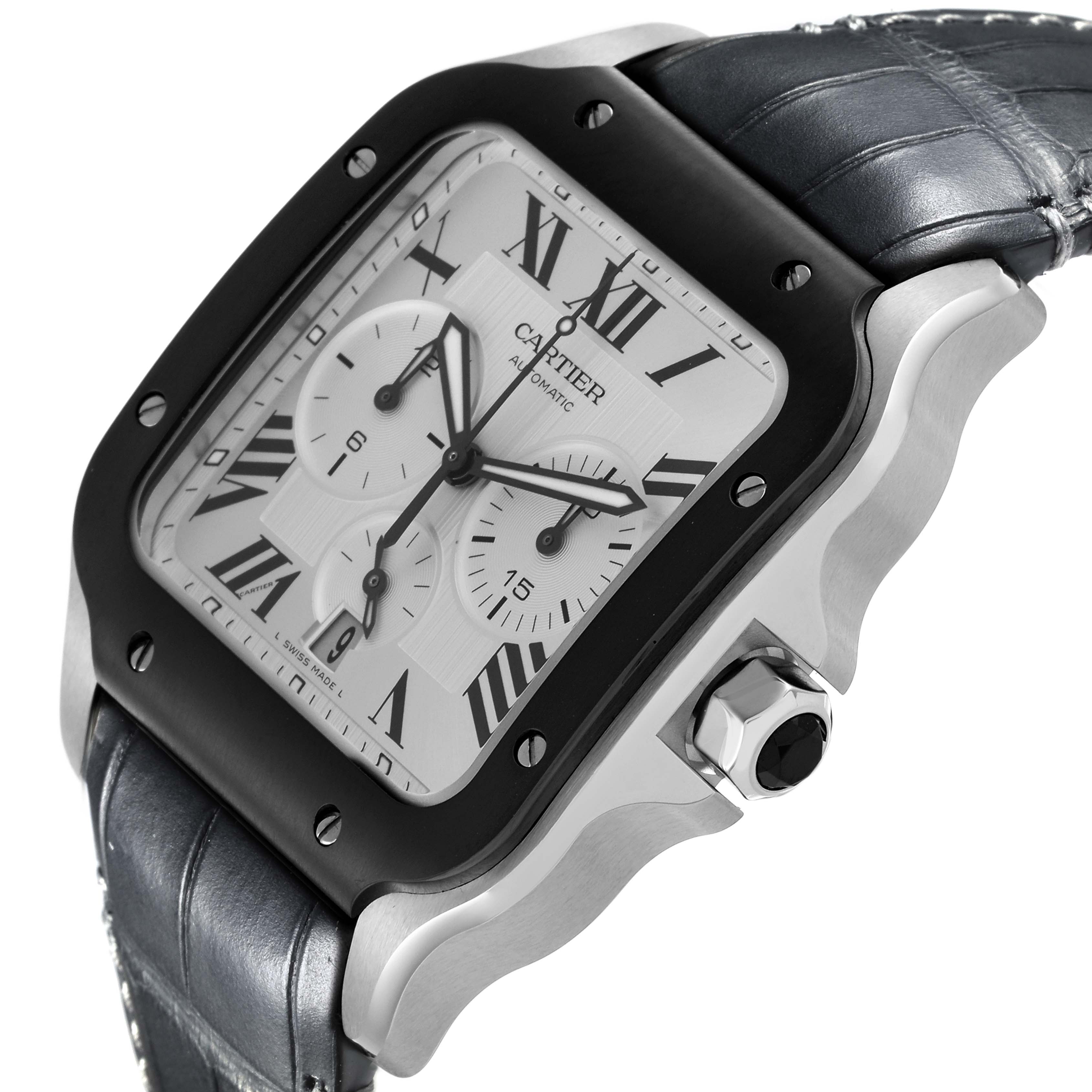 The Cartier Santos WSSA0017 Men's Stainless Steel Silver Dial WSSA0017 Men's Stainless Steel Silver Dial watch is shown at an angled view, highlighting its square case, bezel, dial, and strap.