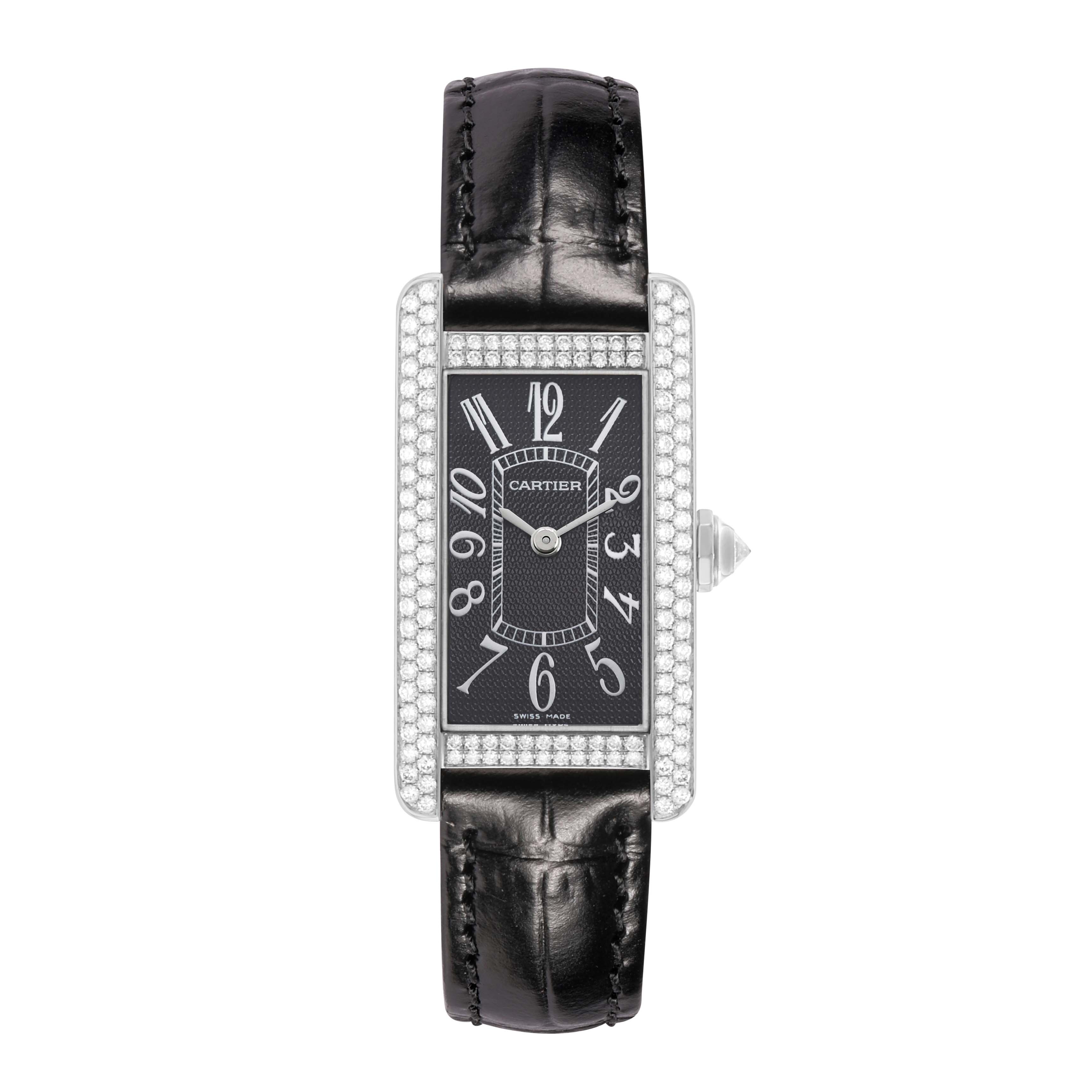 The Cartier Tank Americaine WB705131 Women's White Gold Grey Dial watch is shown from a top-down angle, highlighting the black leather strap and diamond-encrusted case.
