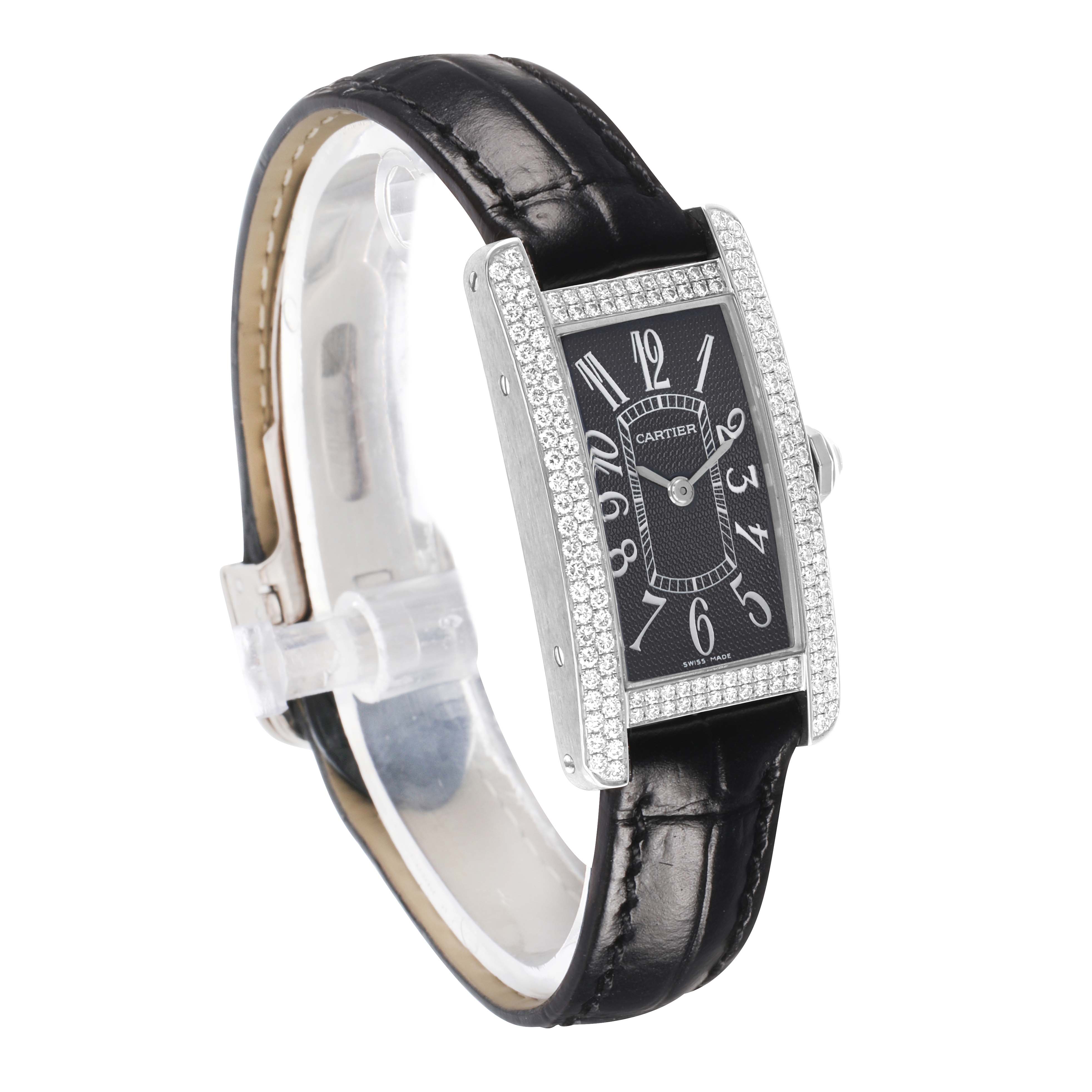 The Cartier Tank Americaine WB705131 Women's White Gold Grey Dial watch is shown at a three-quarter angle, highlighting its diamond-encrusted rectangular bezel and black leather strap.