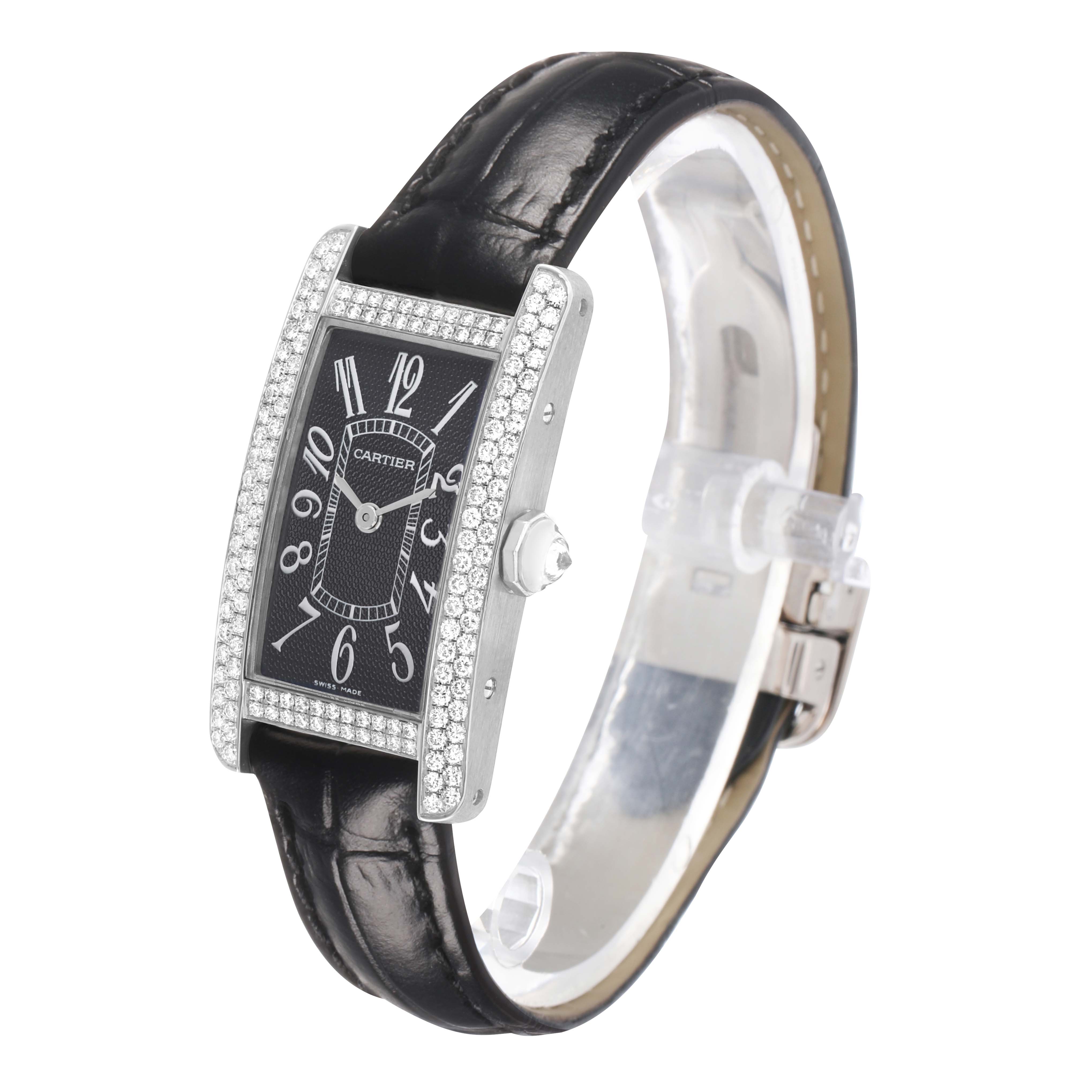 The Cartier Tank Américaine watch is shown at an angle highlighting the face, strap, and diamond-encrusted case.