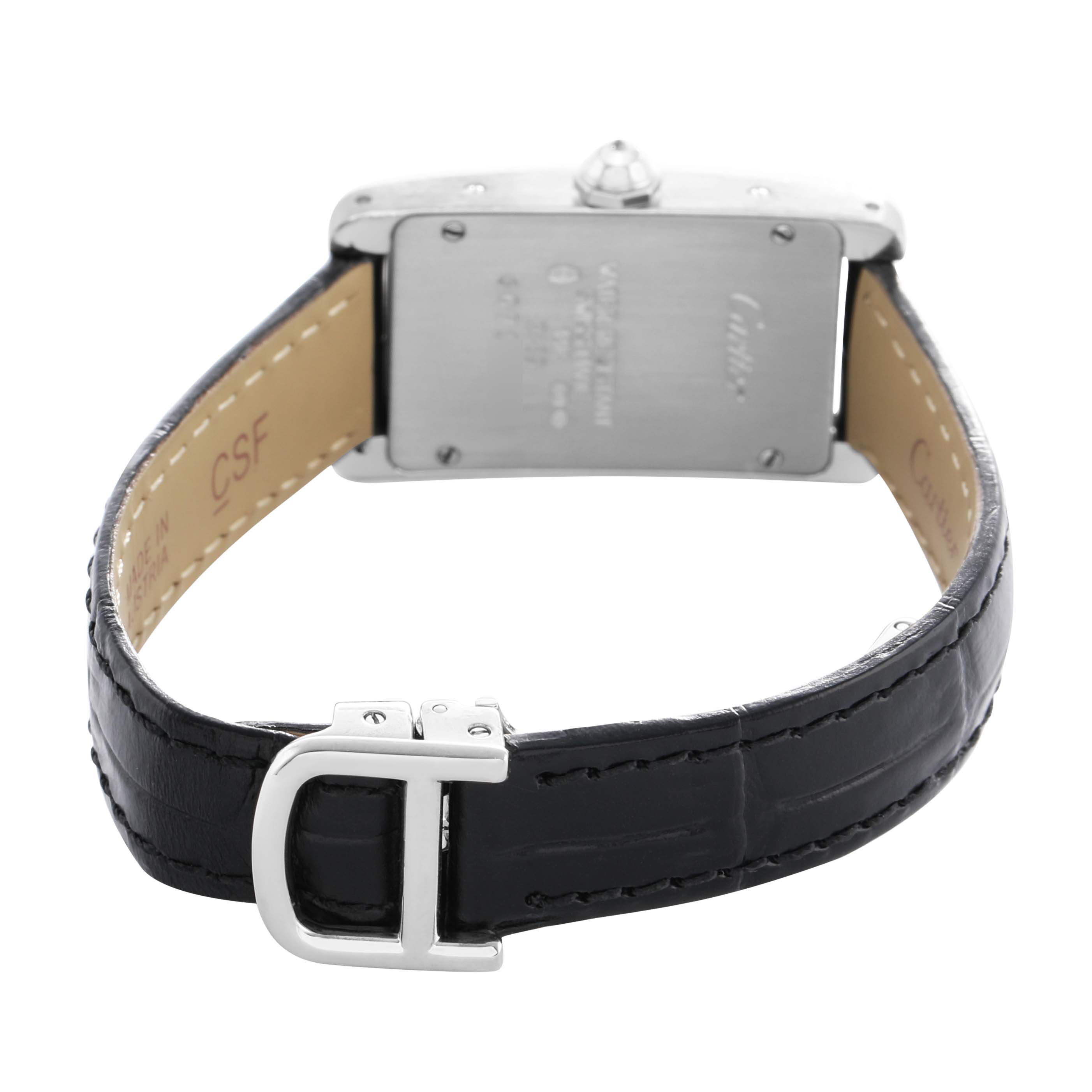 The image shows the back and strap of a Cartier Tank Americaine WB705131 Women's White Gold Grey Dial watch, including the clasp and case back.