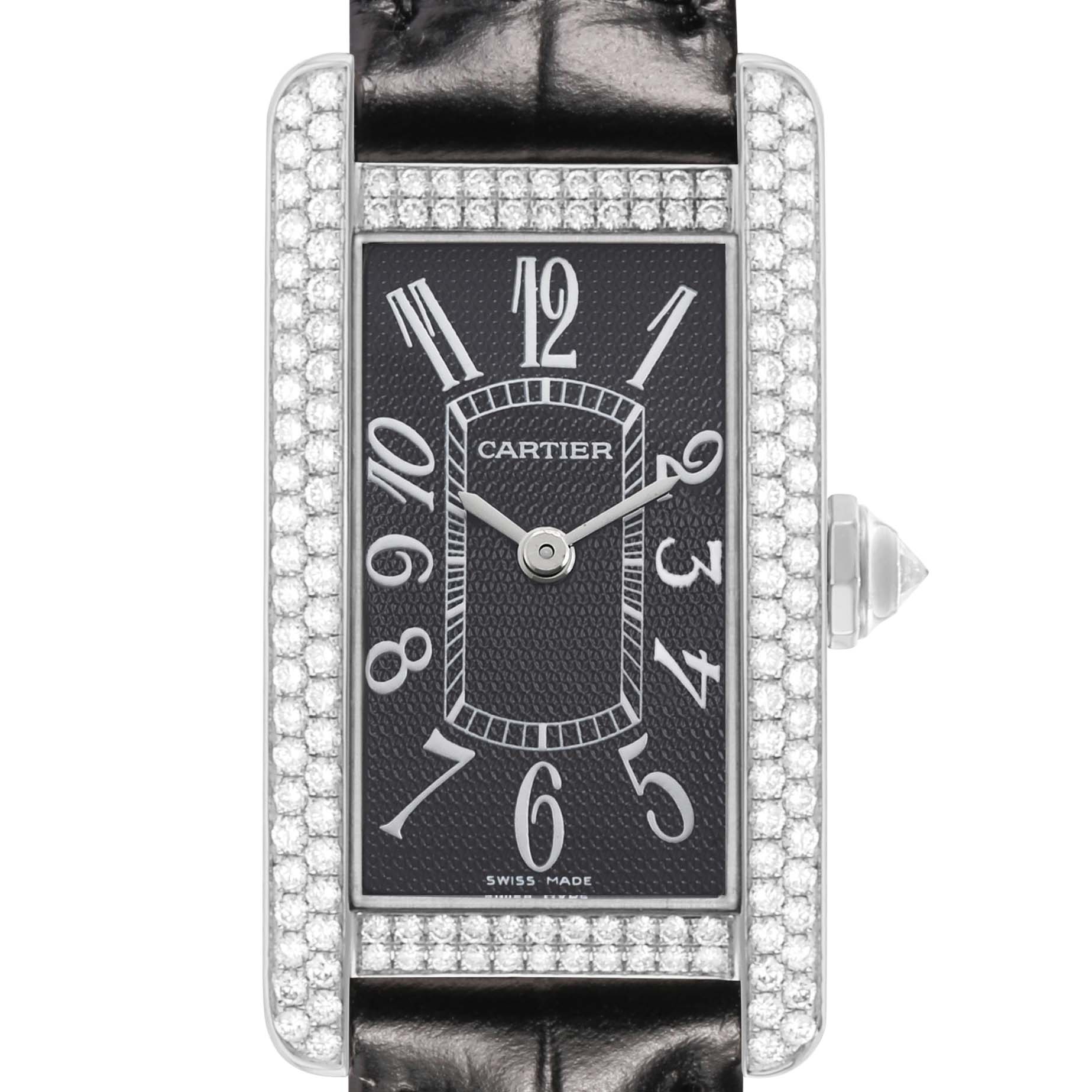 The Cartier Tank Américaine watch is shown from the front, highlighting its diamond-set bezel and black leather strap.