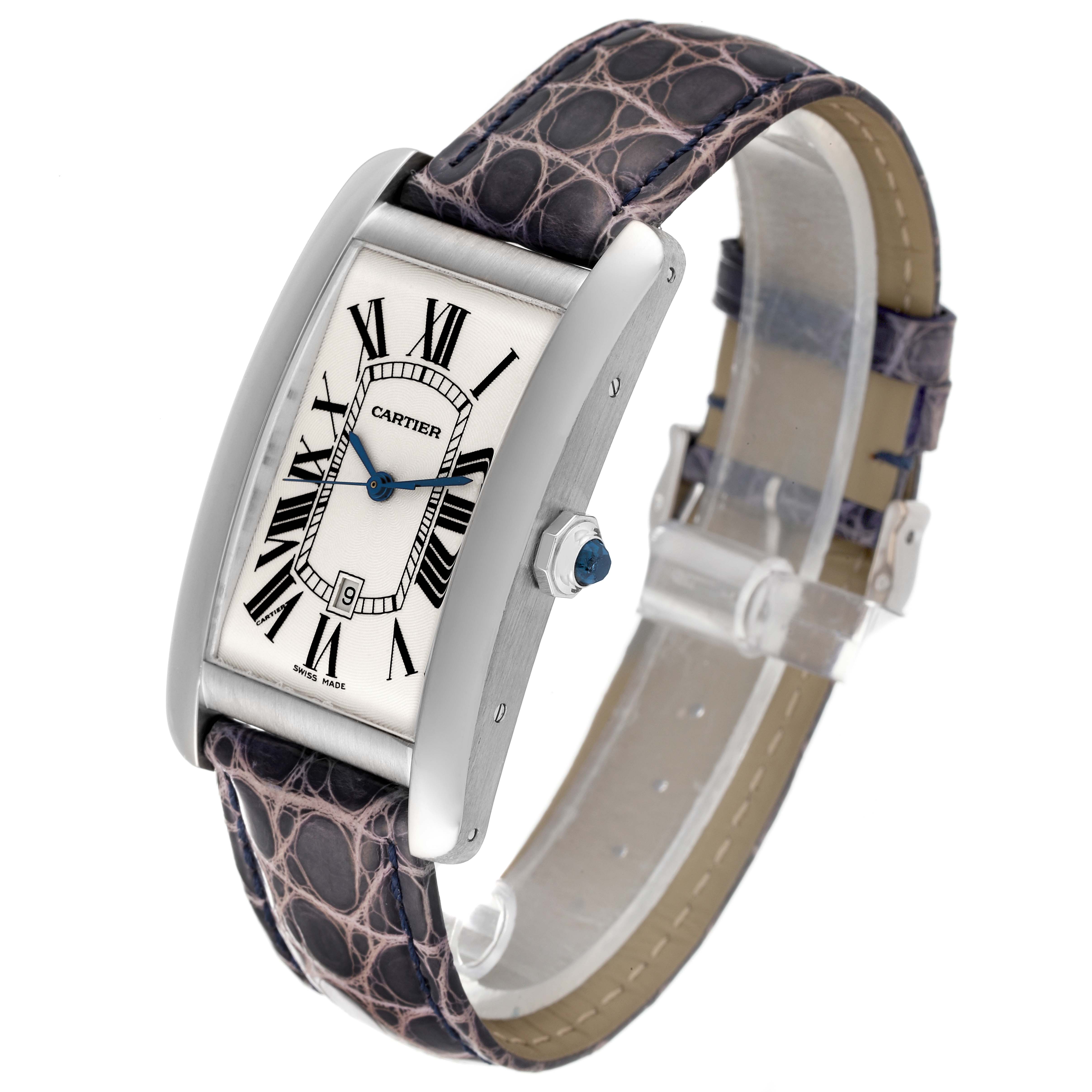 The image shows a Cartier Tank Americaine W2603256 Men's White Gold Silver Dial W2603256 Men's White Gold Silver Dial watch at a three-quarter angle, highlighting its face, case, and strap.