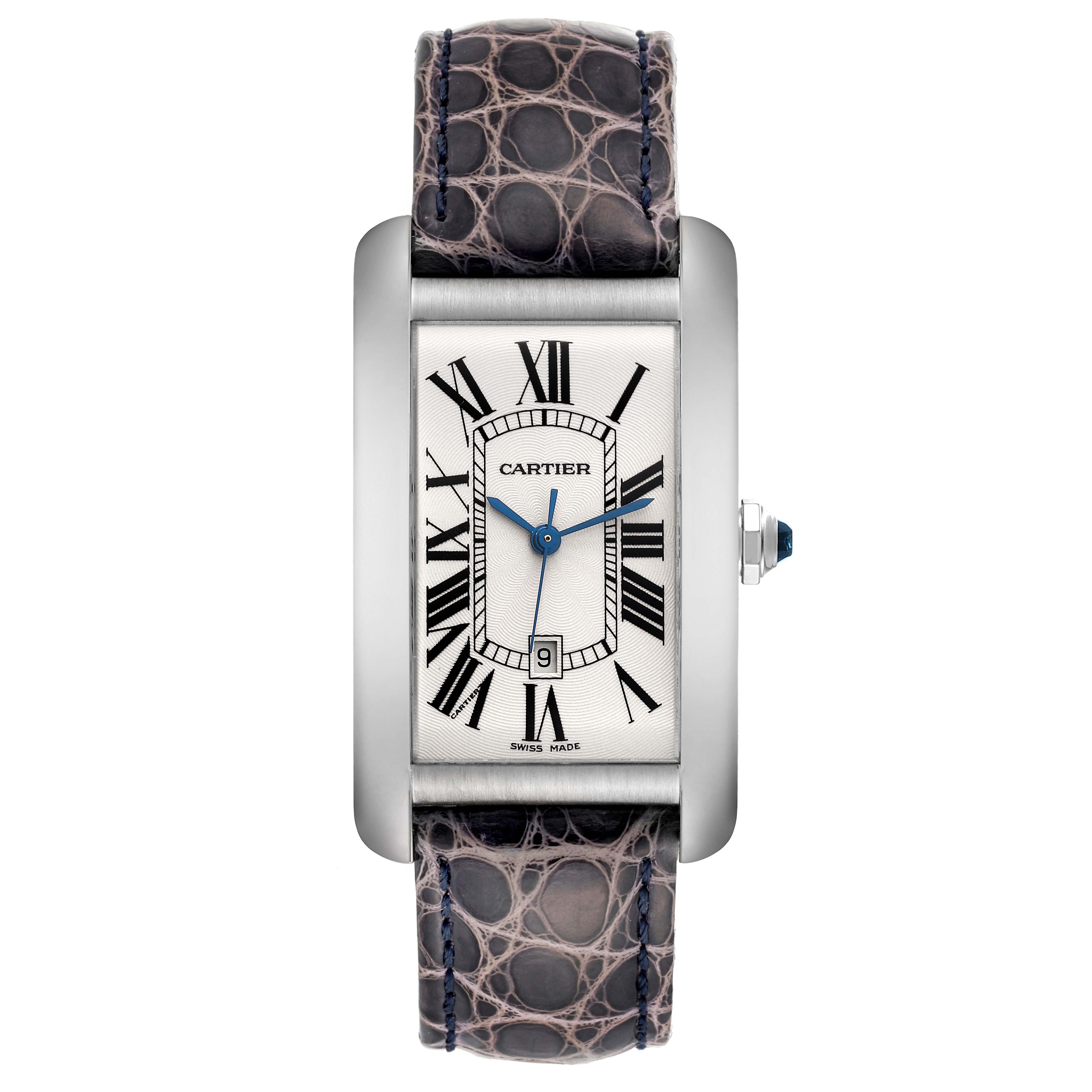 This image shows the Cartier Tank Americaine W2603256 Men's White Gold Silver Dial W2603256 Men's White Gold Silver Dial watch from a straight-on angle, highlighting the face, case, dial, and leather strap.