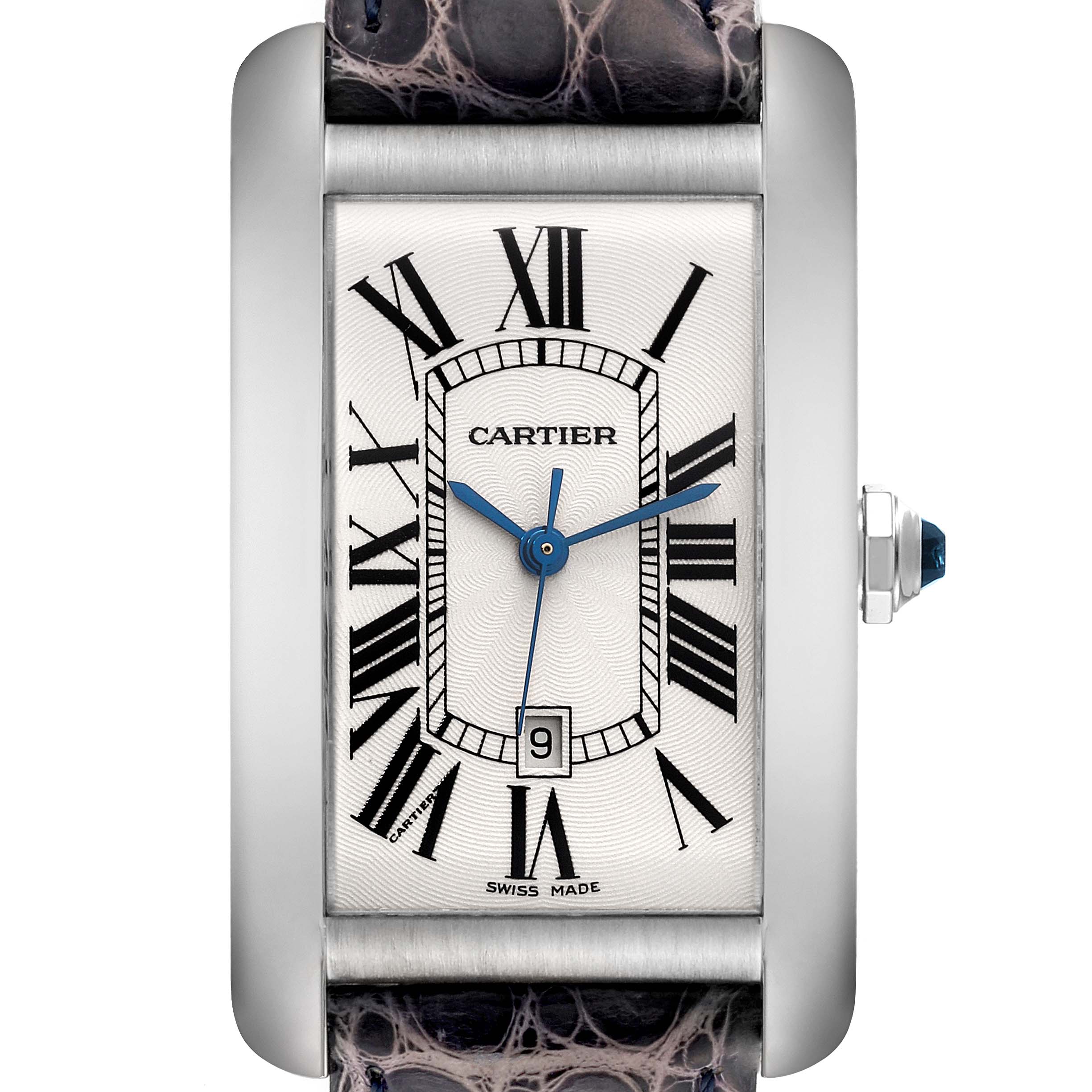 The image shows a front angle of the Cartier Tank Americaine W2603256 Men's White Gold Silver Dial W2603256 Men's White Gold Silver Dial watch, highlighting its rectangular dial with Roman numerals and blue hands.